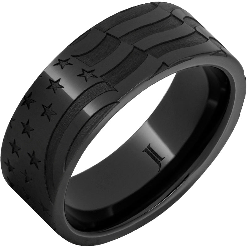 Old Glory Black Diamond Ceramic™ Men's Ring with American Flag Engraving - Patriotic Wedding Band for Men, Durable Ceramic Ring for Everyday Wear & Special Occasions