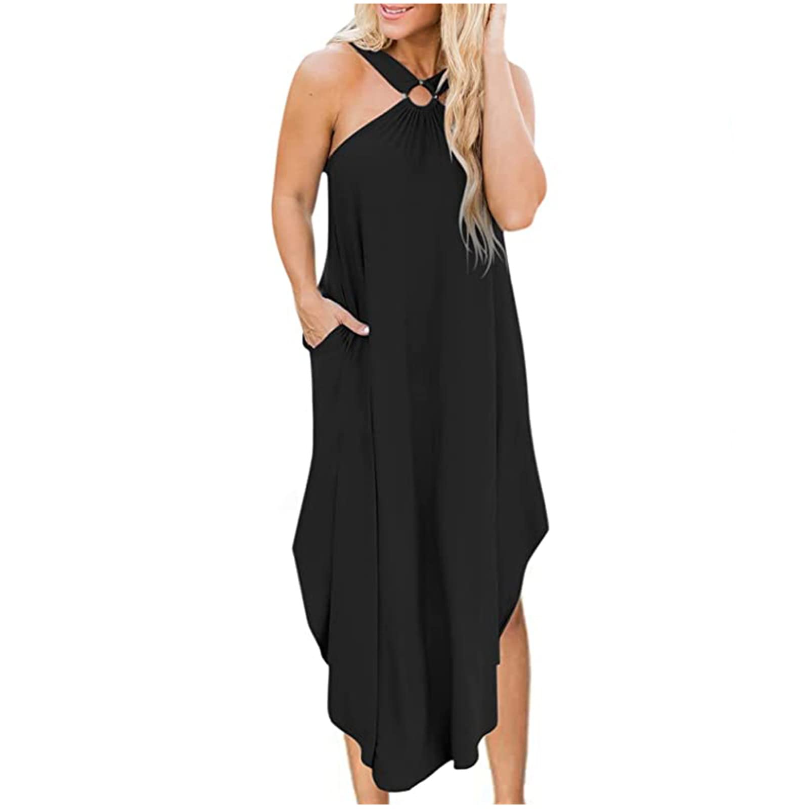 Women's Summer Dresses 2022 - Casual Sleeveless Sexy Halter Midi Maxi Dress with Irregular Hem, Boho Style for Party, Club, Night Out, Beach Vacation & Daily Wear