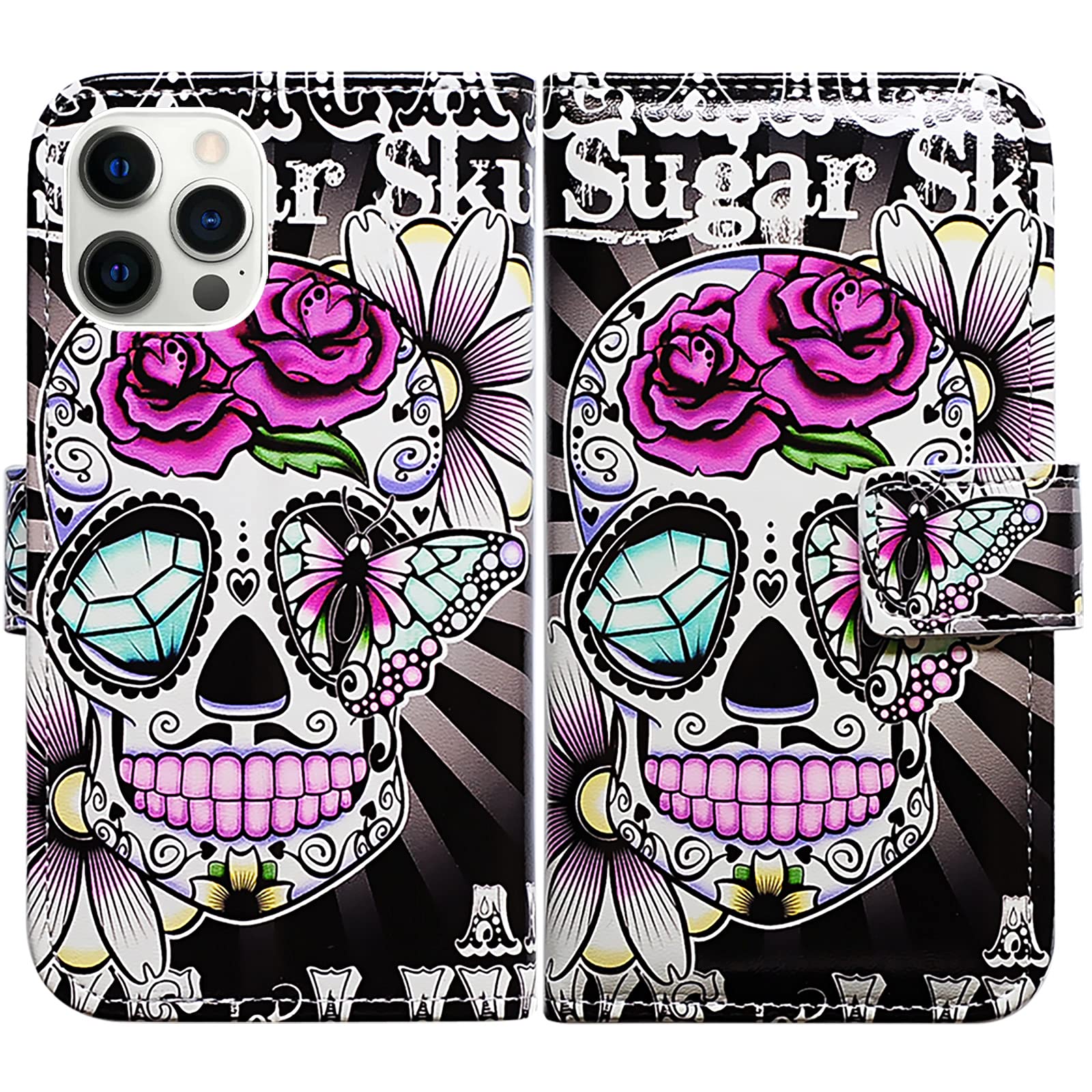 Premium Purple Flower Sugar Skull Leather Flip Wallet Case for iPhone 13 Pro Max - Card Slot Holder & Kickstand | Stylish Protective Cover for Everyday Use & Travel