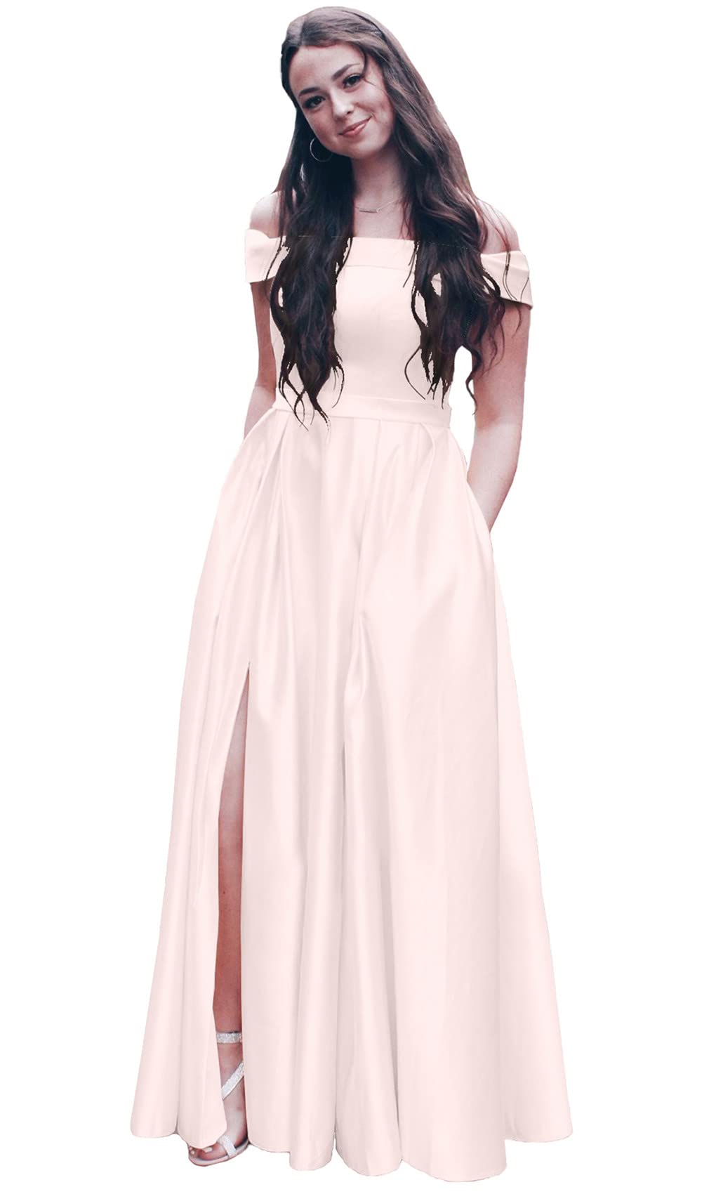 ANGELWARDROBE Women's Off Shoulder Prom Dresses Long Formal Evening Gowns - Satin A-Line Party Dress with Slit Pockets for Homecoming, Wedding, Cocktail & Special Occasions