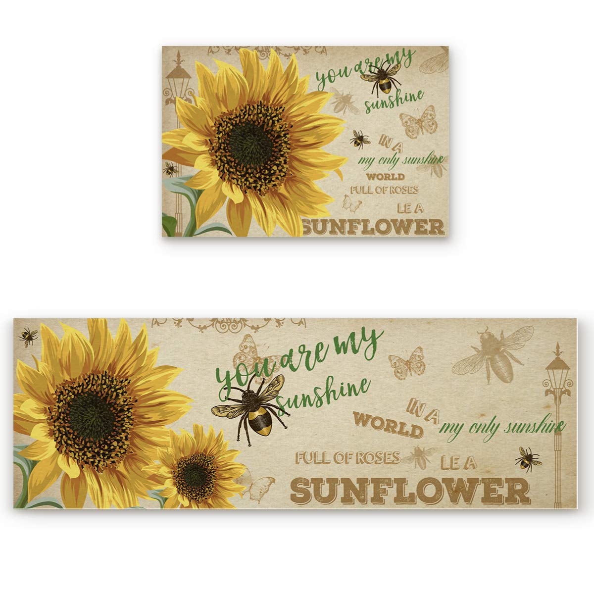 Sunflower Non-Slip Kitchen Rugs Set of 2 - Cushioned Anti-Fatigue Floor Mats, Washable Wooden Bee Vintage Country Theme - Perfect for Farmhouse Kitchens & Cozy Home Decor
