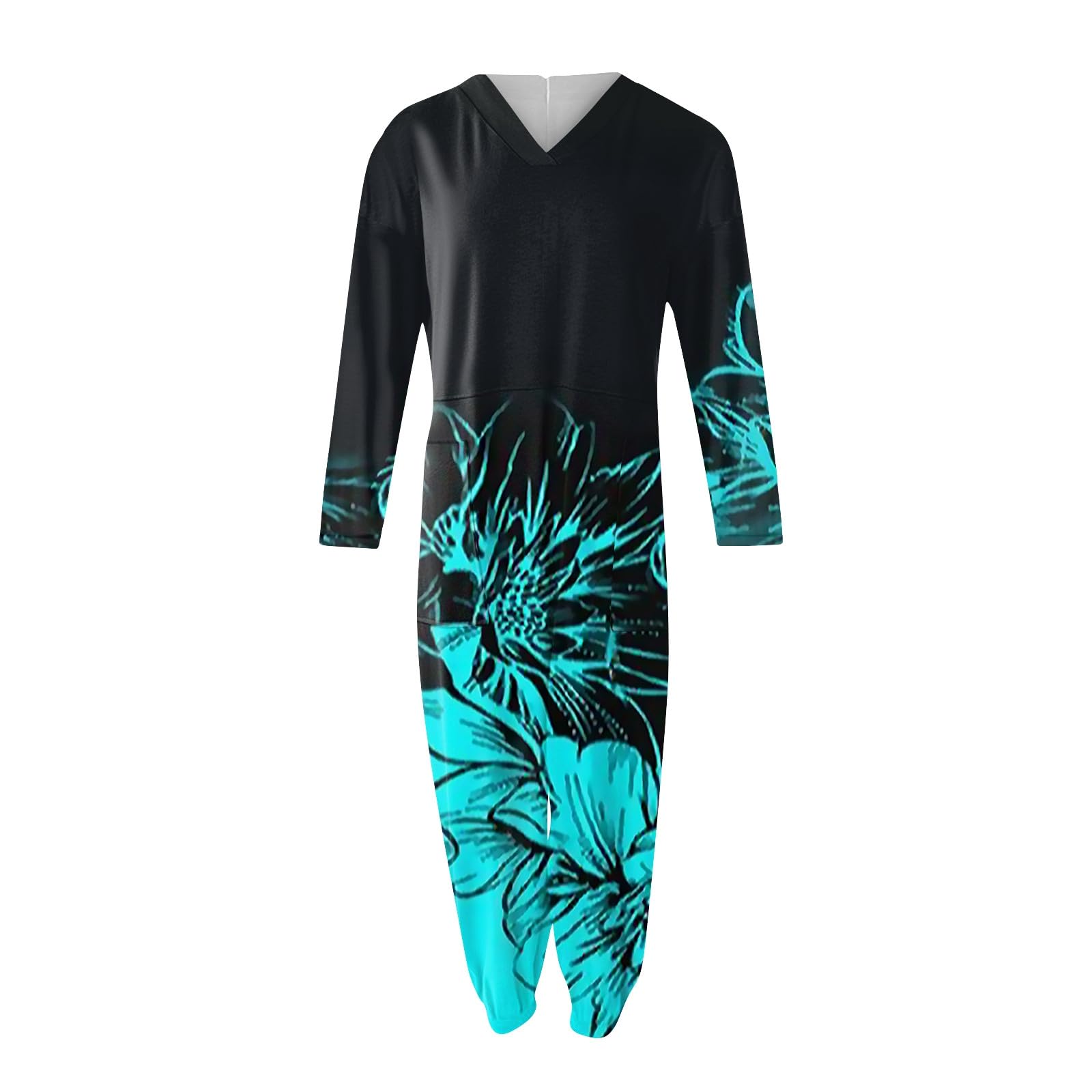PVTOSD Women's Long Sleeve Jumpsuit - Black Printed V-Neck Loose Fit Romper with Pockets, Maternity & Plus Size (4XL, Blue) | Casual Clubwear, Date Night Outfits & Everyday Stylish Overalls