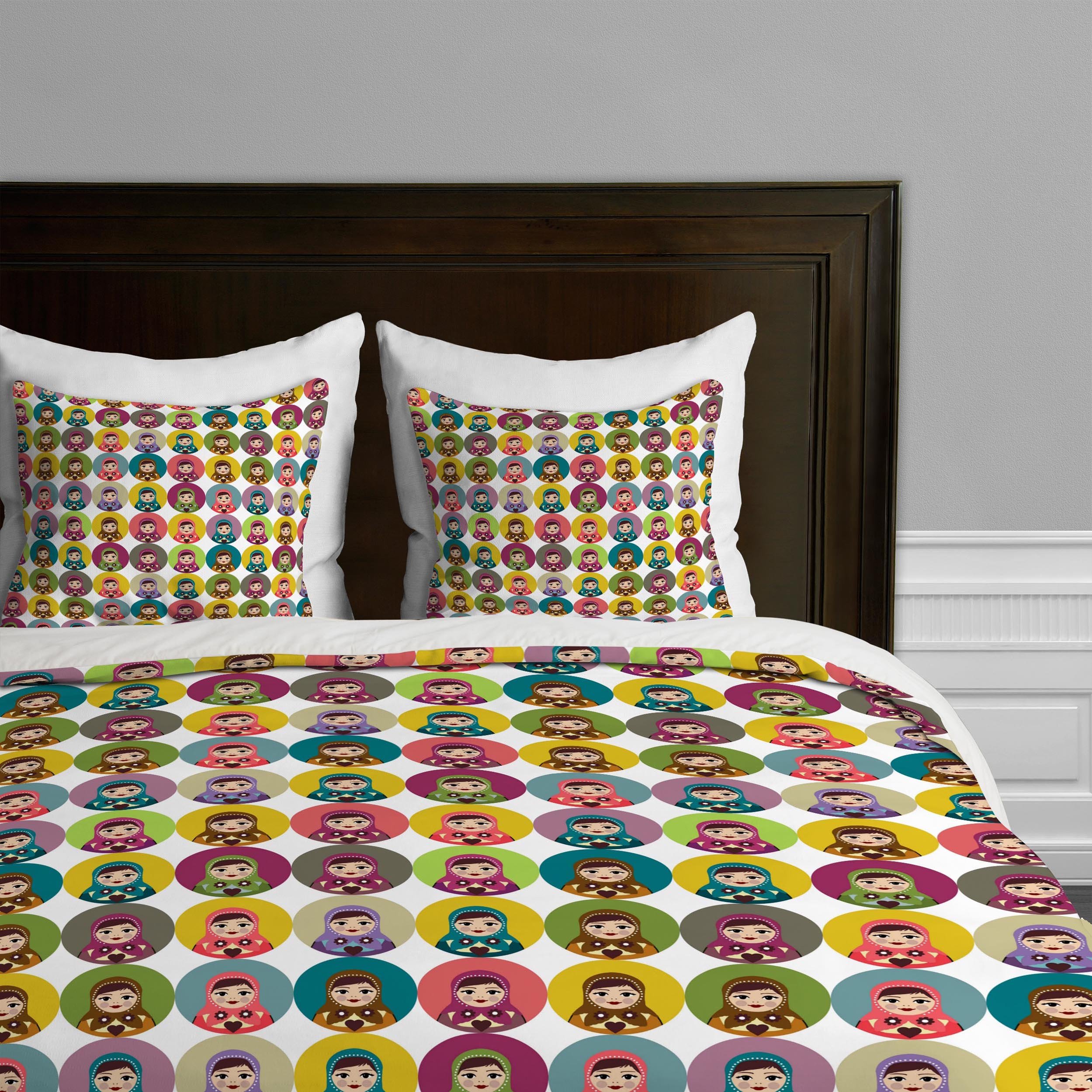 Deny Designs Sharon Turner Matryoshka Candy Polka Duvet Cover Set - King Size, Vibrant Russian Nesting Doll Pattern, 100% Cotton Bedding for Master Bedroom or Guest Room Decor