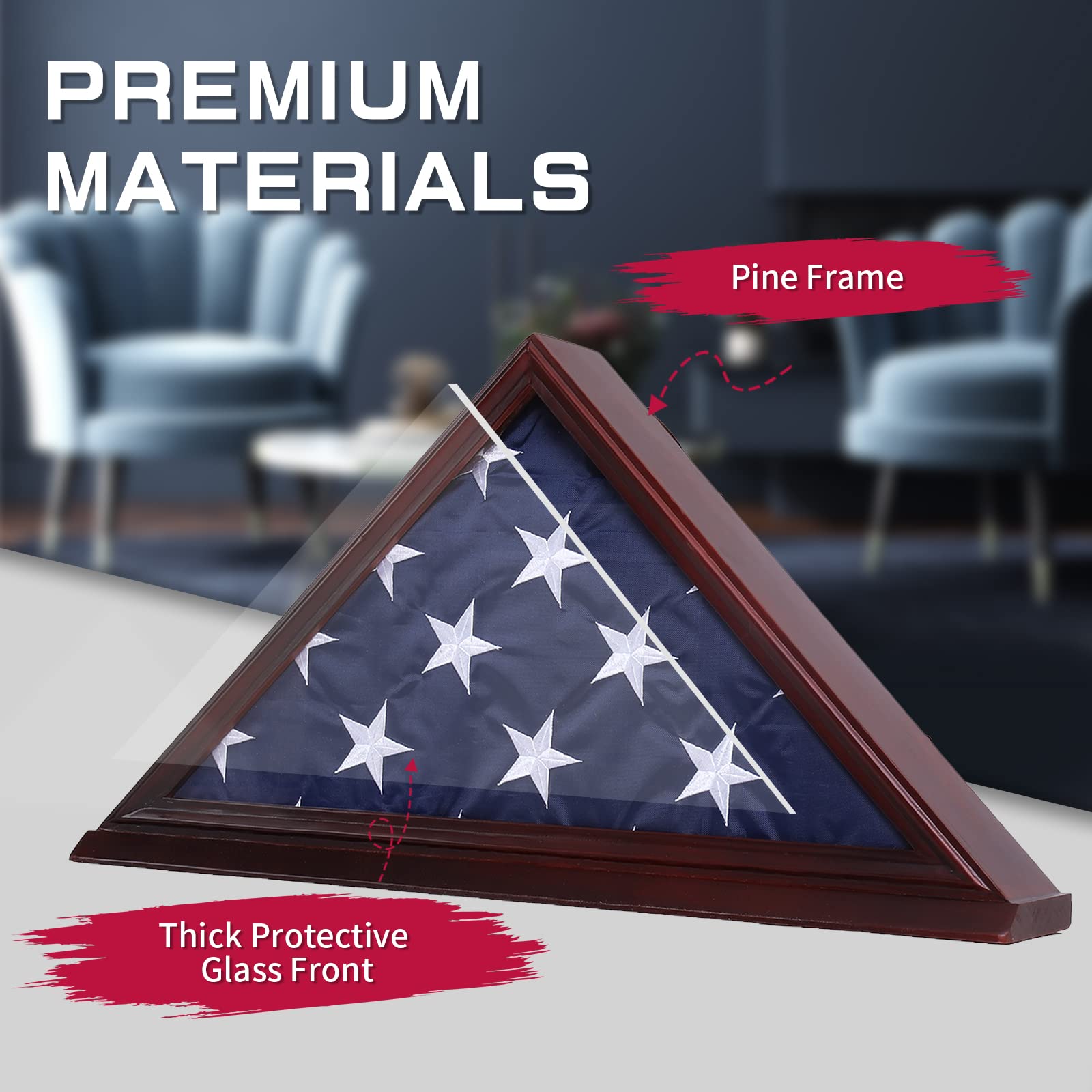 Military Flag Display Case with High Clarity Glass Front - Solid Wood Wall Mounted Shadow Box for 5'x9.5' American Veteran Burial Flag (Red) - Perfect for Honoring Veterans, Home Decor & Memorial Displays