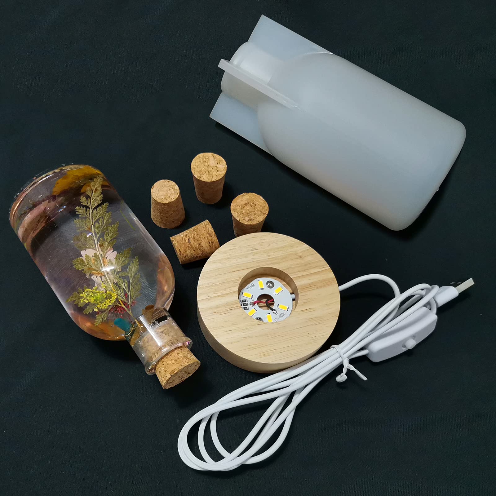 DIY Resin Lamp Shade Mold with USB Wooden Base & 5 Corks - LED Bottle Light Silicone Mould for Home Decor, Wedding, Party, Table Crafts - Perfect for DIY Projects, Gifts & Night Light Ambiance