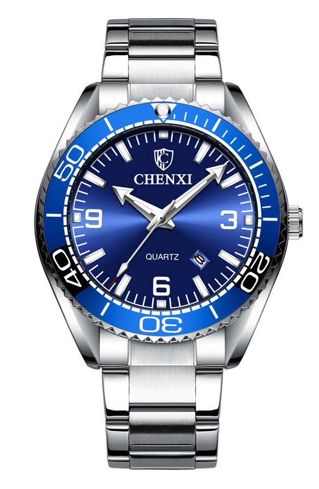 MASTOP Men's Rotating Bezel Business Wristwatch - Classic Silver Stainless Steel Waterproof Quartz Watch with Blue Dial - Perfect for Office, Formal Events & Everyday Wear