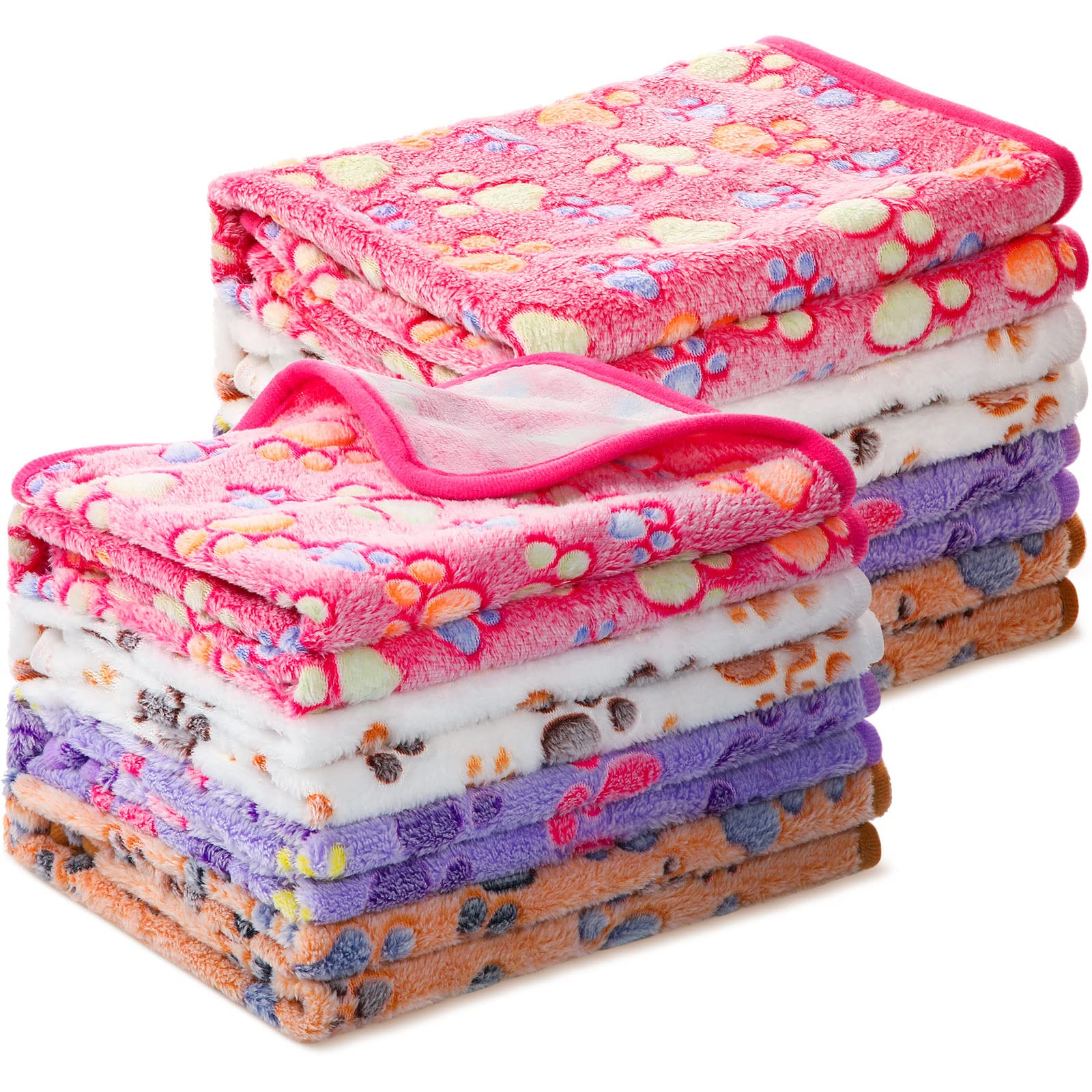 Tegeme 8 Pack Soft Fleece Dog Blankets for Small Dogs & Cats - Warm Coral Velvet Pet Bed Mat with Fluffy Paw Print Design, 24 x 16 Inch Mixed Colors - Perfect for Cozy Sleep, Crate Lining & Winter Warmth