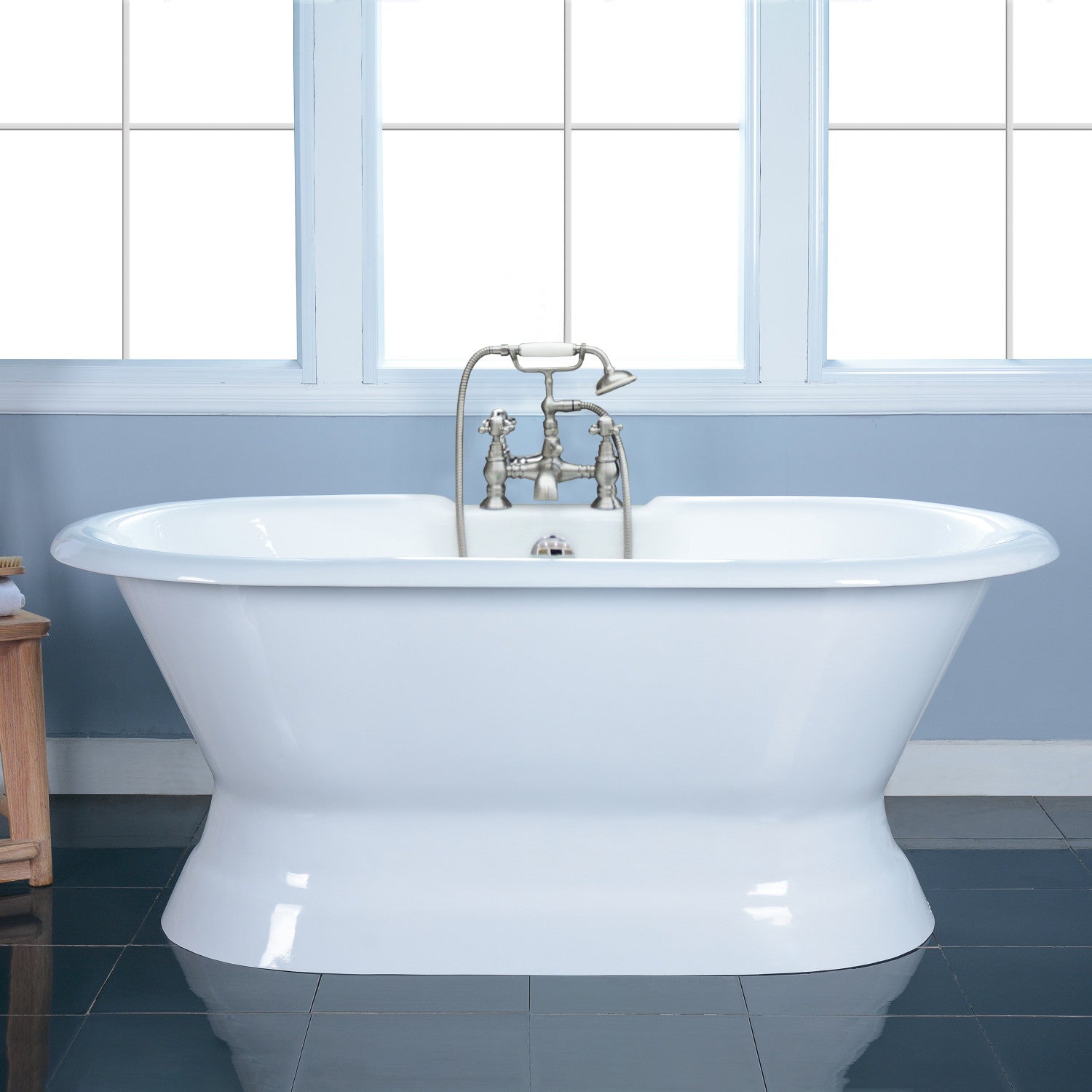 Aqua Eden 66 Inch White Cast Iron Oval Double Ended Pedestal Bathtub with 7 Inch Faucet Drillings - Freestanding Soaking Tub for Luxury Bathroom & Spa Relaxation