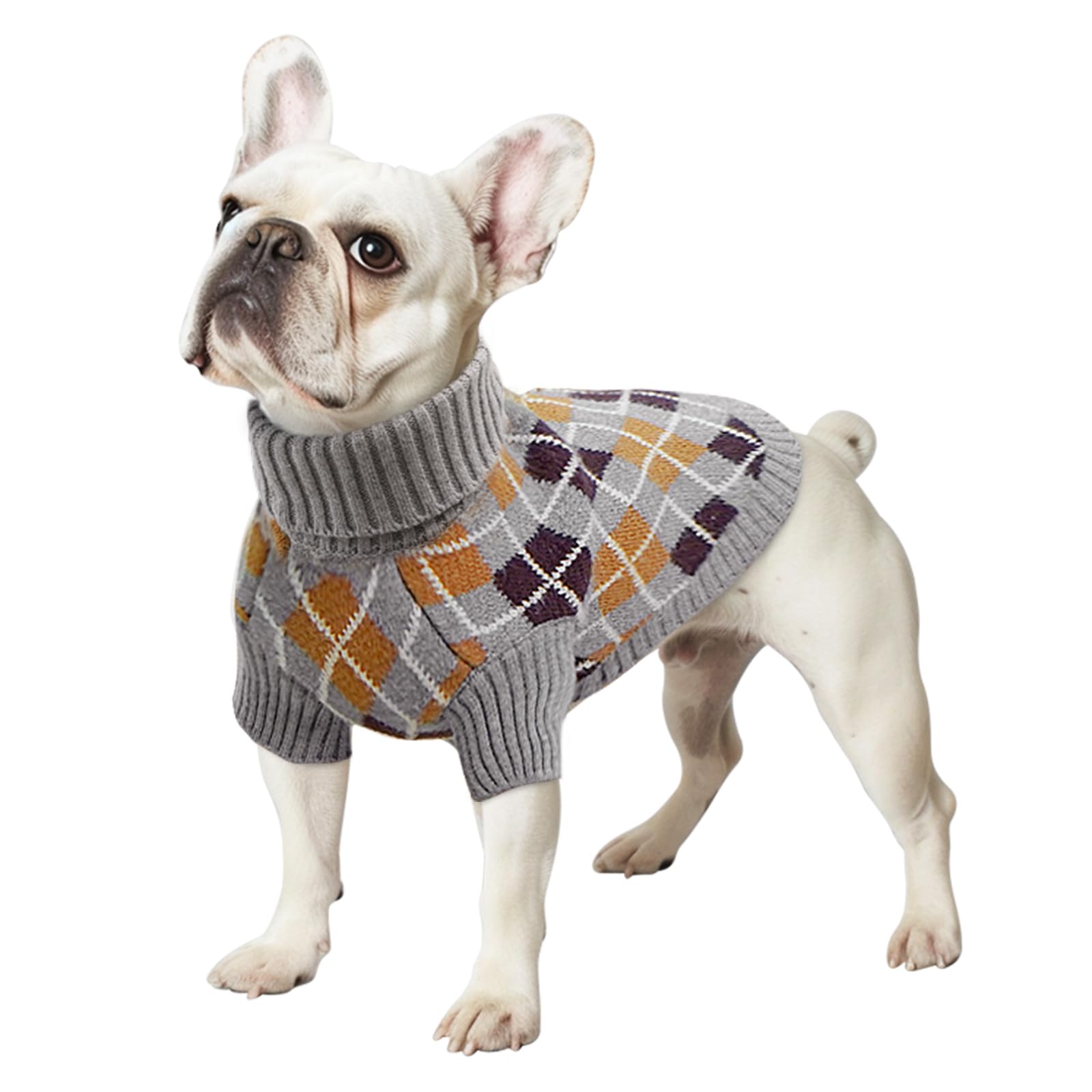 KYEESE Long Sleeve Turtleneck Dog Sweater - Diamond Plaid Pattern Warm Winter Coat for Small & Medium Dogs (Gray, X-Large) - Perfect for Cold Weather Walks and Indoor Comfort