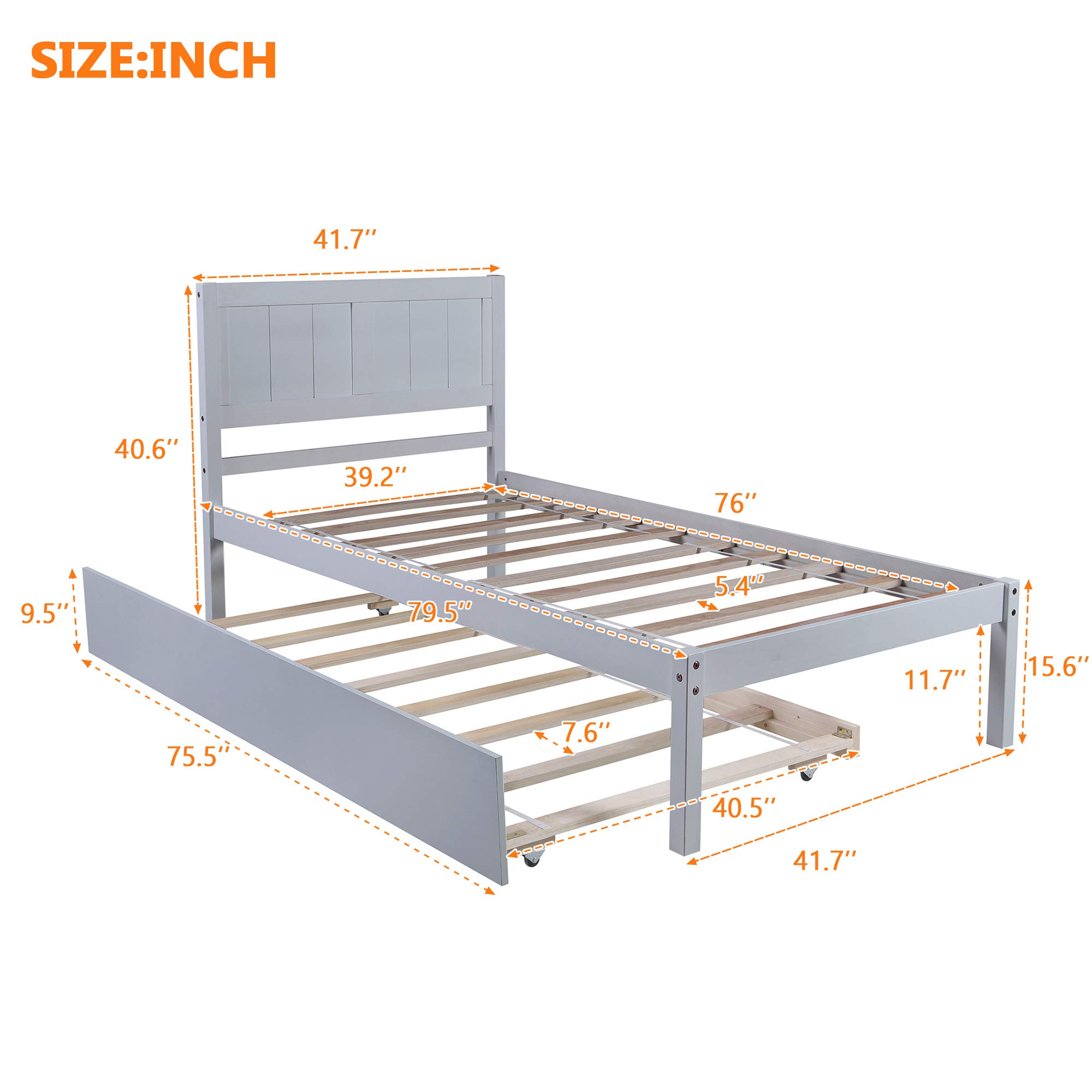 Twin Size Wooden Platform Bed Frame with Headboard & Trundle - No Box Spring Required, Easy Assembly (Grey) - Perfect for Kids' Rooms, Guest Bedrooms & Small Spaces