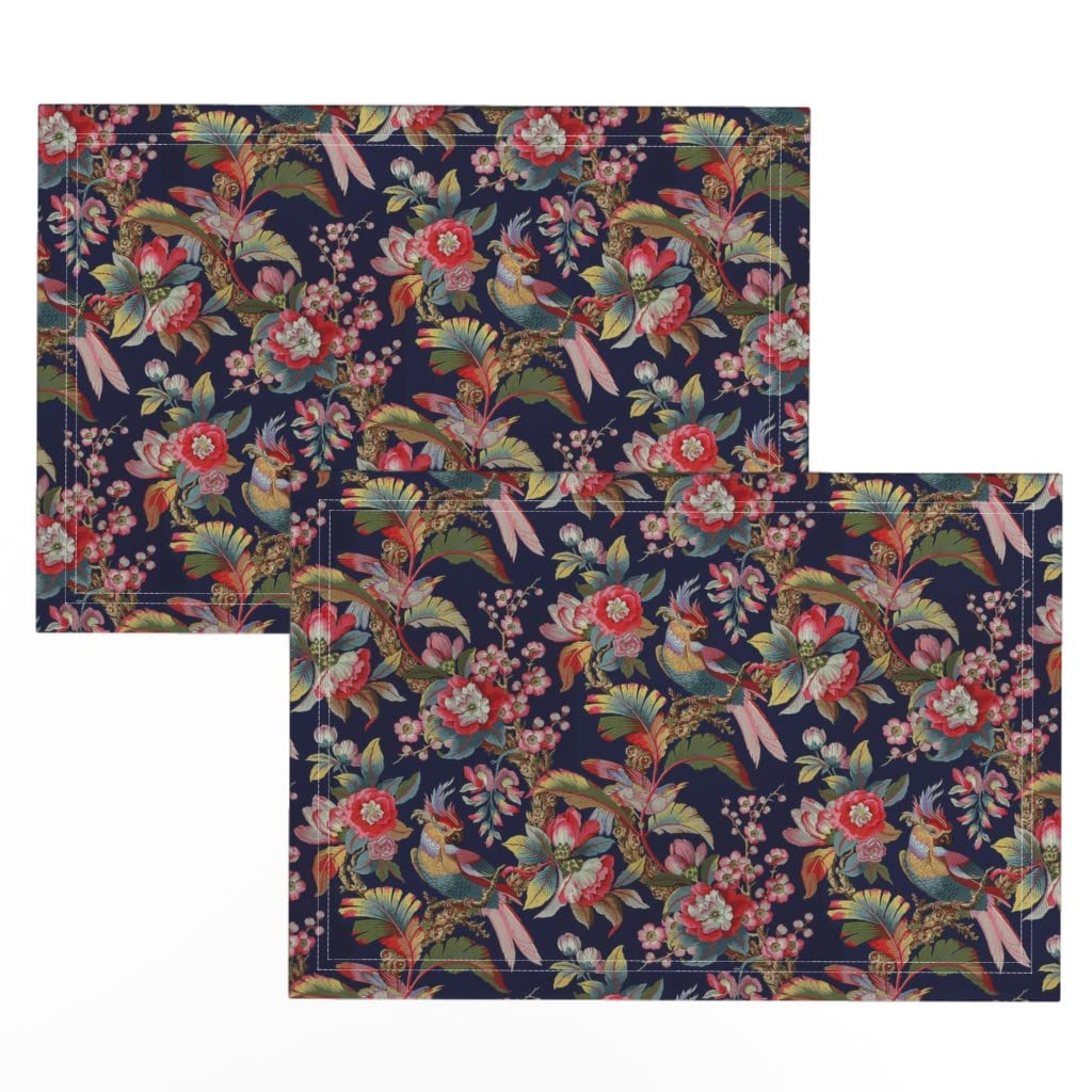 Premium Spoonflower Linen Cotton Canvas Placemats Set of 2 - Vintage Parrot Birds Design with Art Deco & Edwardian Style | Elegant Dining Table Decor for Dinner Parties & Home Decor