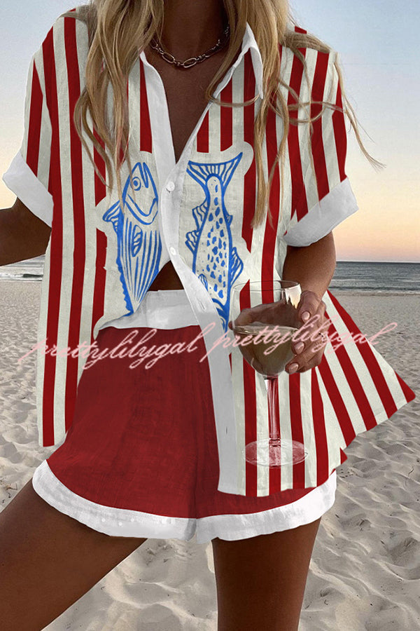 Stylish Striped Fish Print Loose Button Elastic Waist Shorts Set for Women - Summer Casual Outfit, Beach Vacation, and Streetwear Fashion