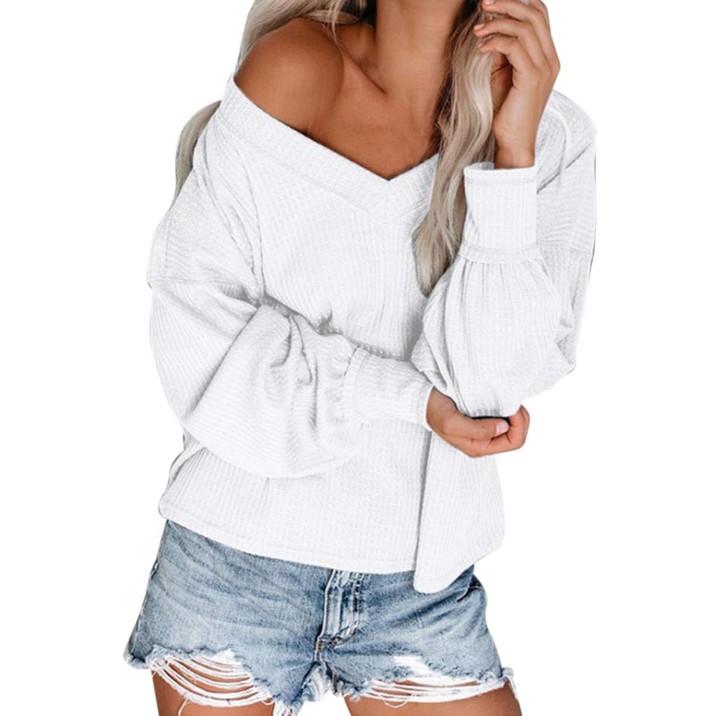WOCACHI Women's Off Shoulder V Neck Pullover Sweater - Solid Color Waffle Knit Long Sleeve Loose Jumper Top for Casual Wear, Fall Fashion & Layering Outfits