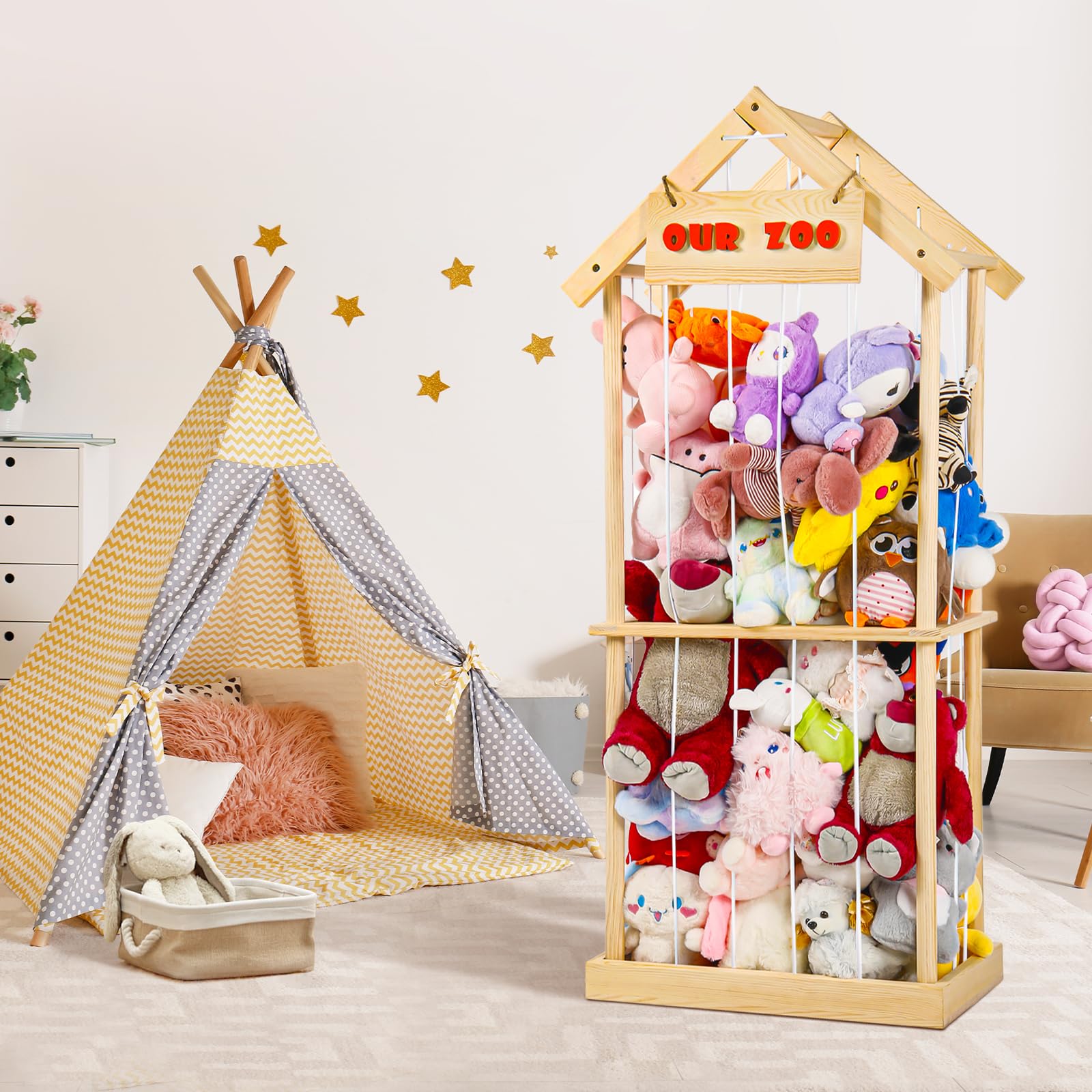 Soft Toy Storage Organizer - Wooden Stuffed Animal Zoo Cage for Nursery & Playroom | Plush Toy Holder for Kids' Room Organization | Perfect for Stuffed Animal Display & Playroom Storage