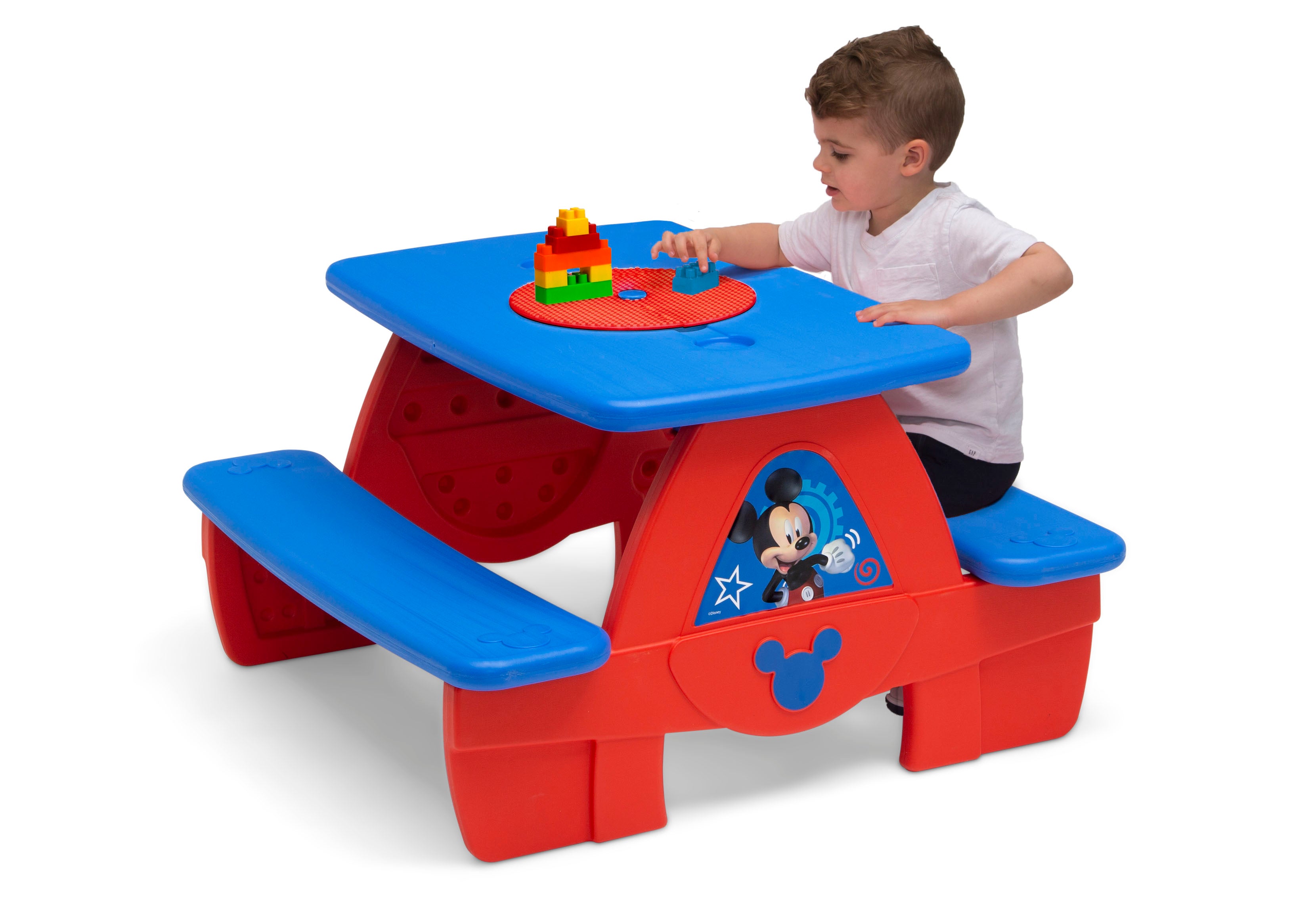 Mickey Mouse 4-Seat Kids Picnic Table with LEGO-Compatible Tabletop - Outdoor Play, Birthday Parties & Backyard Fun for Toddlers