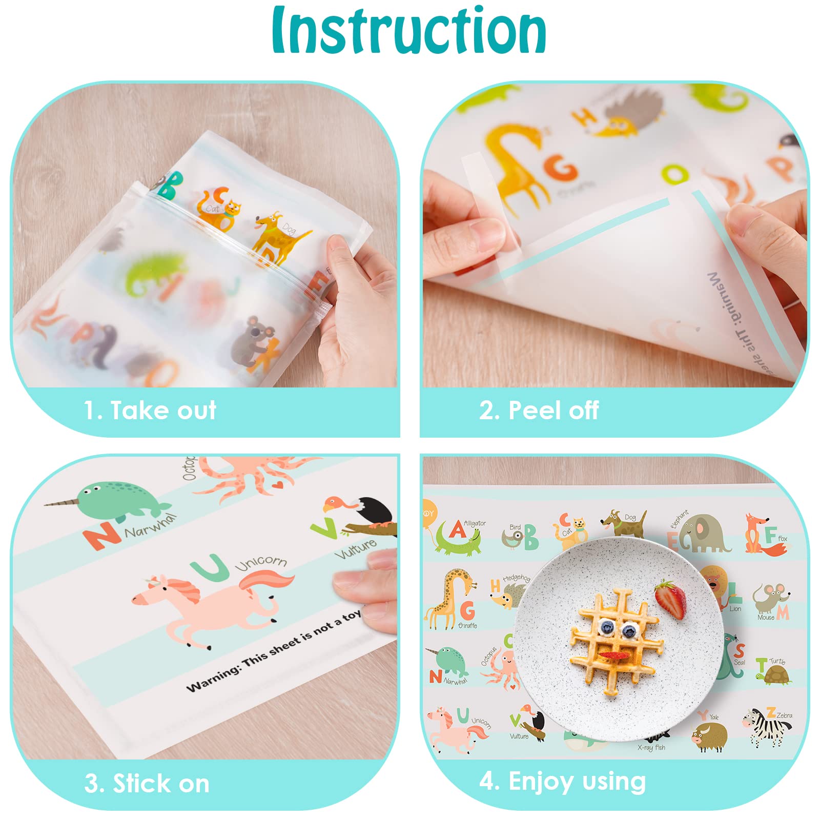 55 Pack Disposable Baby Placemats - Sticky Table Mats with ABC Animal Alphabet Design - Perfect for Restaurants, Travel & Toddler Dining Essentials - Ideal for Mess-Free Meals On-the-Go