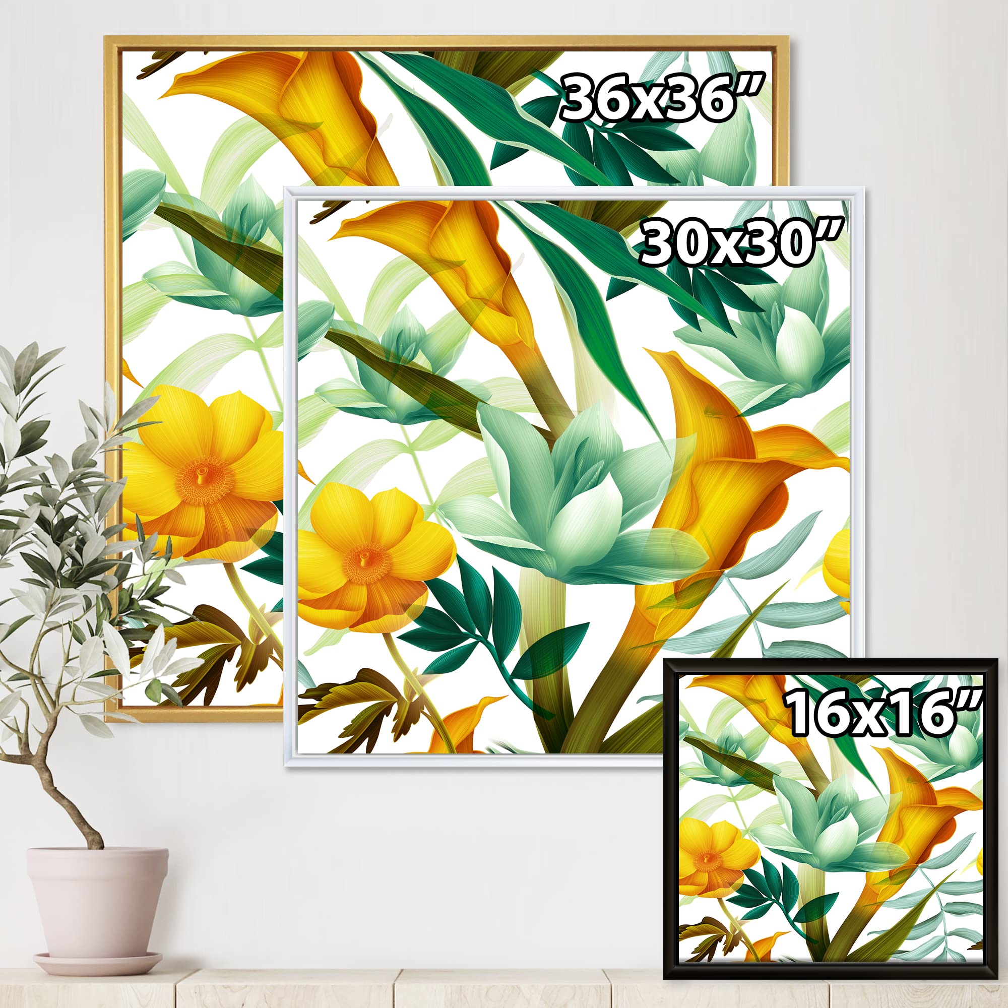 DesignQ Tropical Foliage & Yellow Flowers III - Modern Framed Canvas Wall Art Print for Living Room, Bedroom & Office Decor
