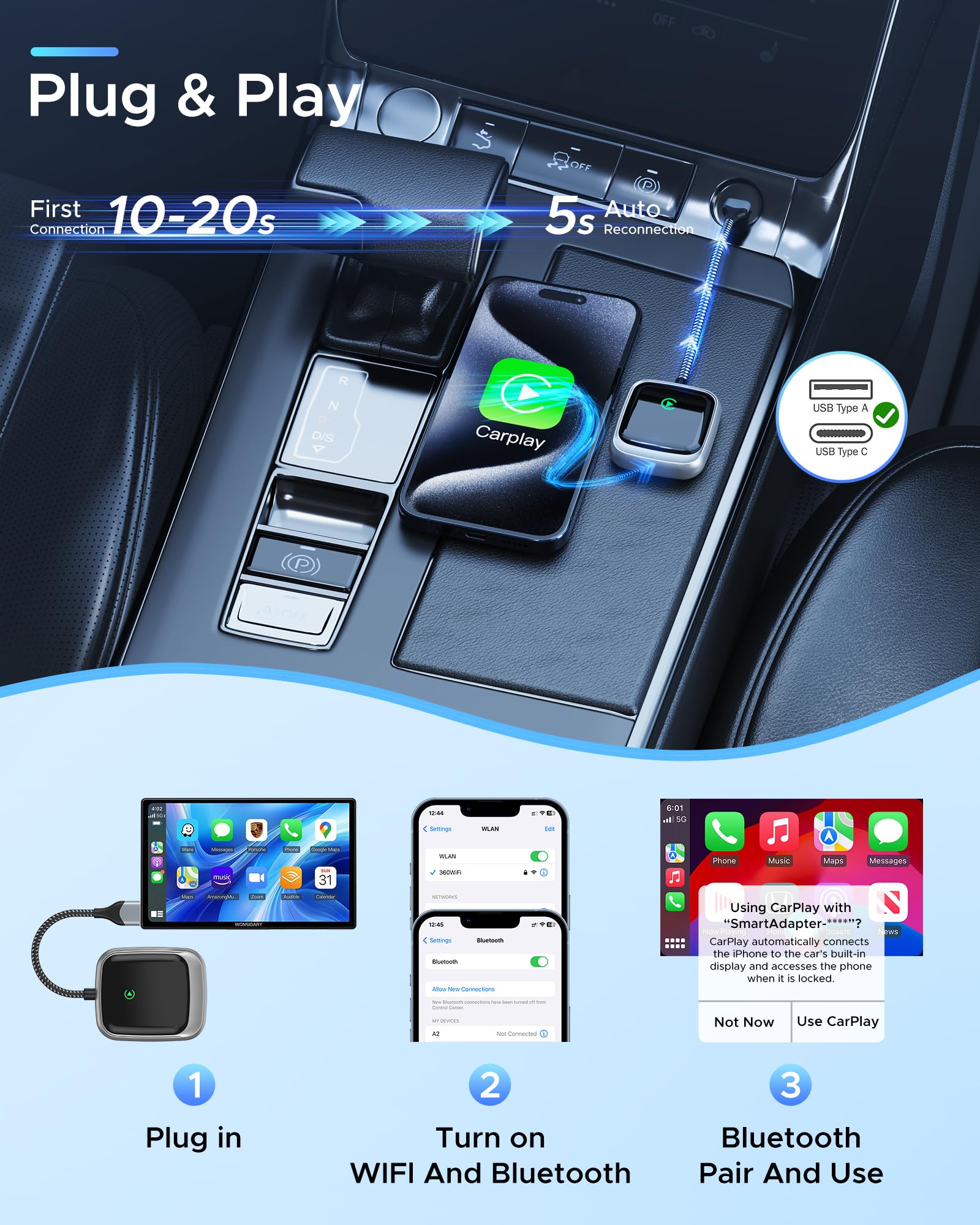 2024 Upgraded Wireless CarPlay Adapter & Android Auto Wireless Dongle - Mini Bluetooth 5.0 & 5GHz WiFi for iPhone iOS 10+/Android 11+ - Plug & Play for Wired CarPlay Cars Since 2016 - Perfect for Commuting, Road Trips & Hands-Free Driving