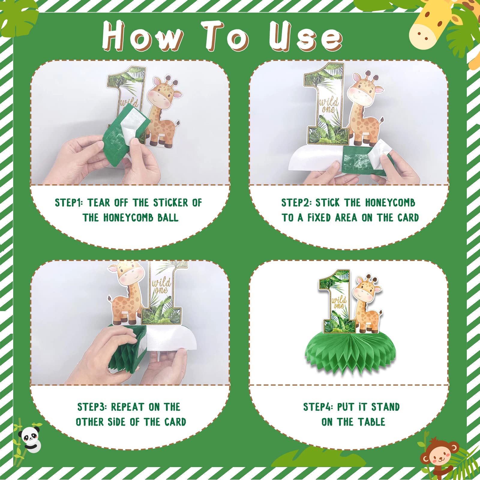10-Pack Wild One Honeycomb Centerpieces - 3D Double-Sided Jungle Animal Decor for Birthday, Baby Shower & Safari Themed Parties - Perfect for Boys/Girls Tablescapes & Nursery Decorations