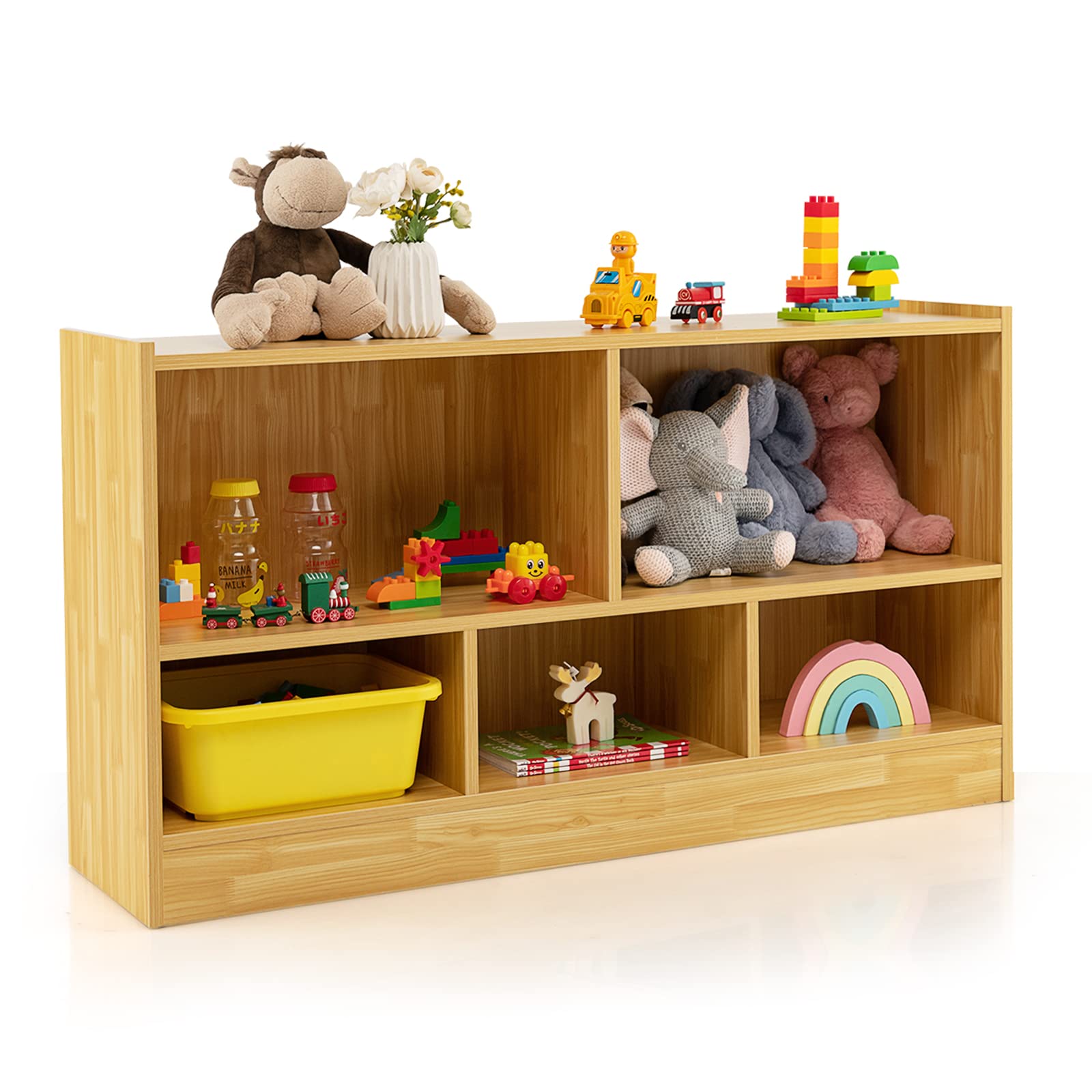 HONEY JOY 5-Section Kids Toy Storage Organizer - 2-Tier Wooden Bookshelf for Preschool Classroom, Daycare, Playroom & Nursery - Durable Yellow Toy Shelf for Easy Organization & Display - Perfect for Toys, Books & Learning Materials
