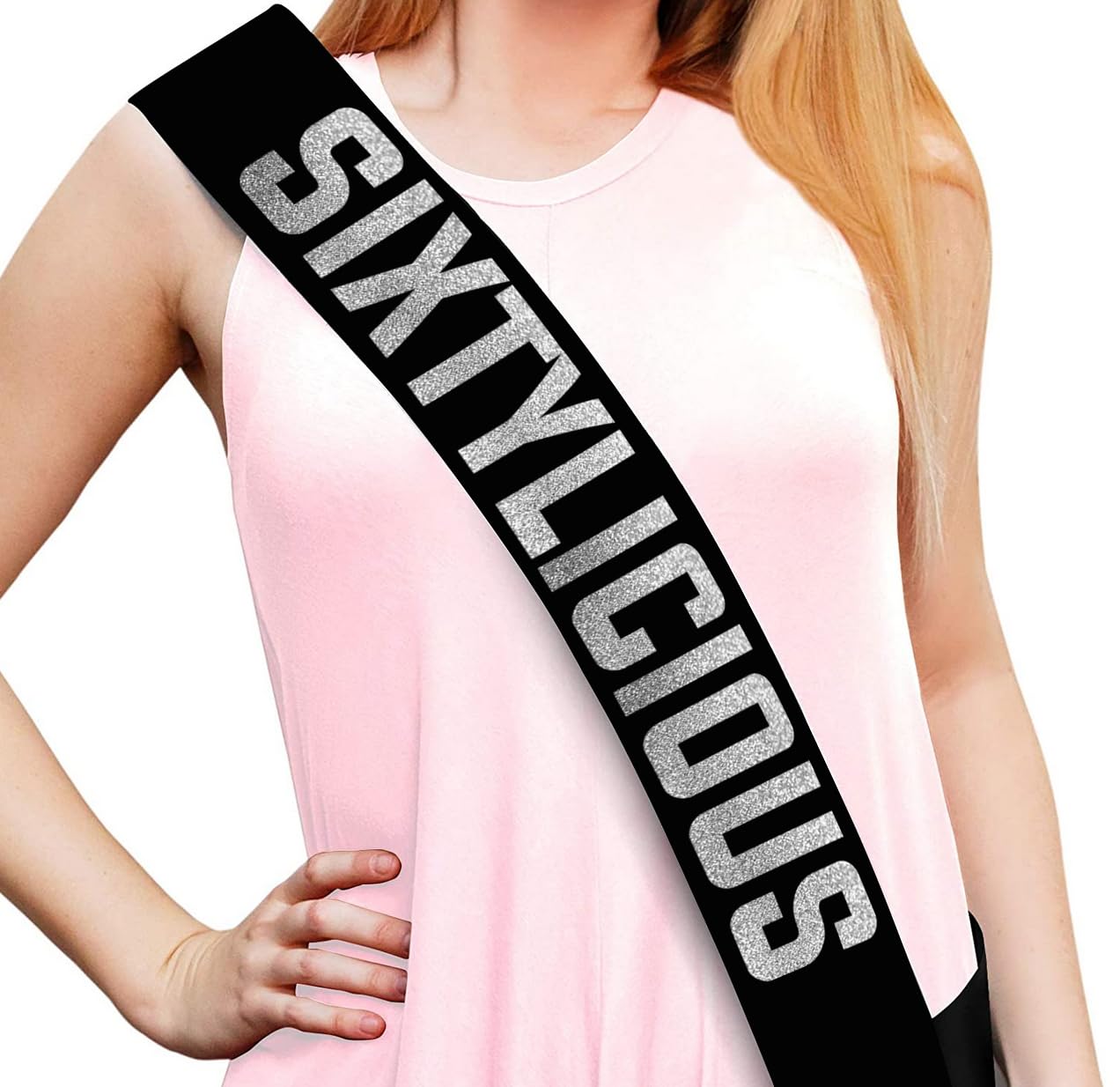 Sixtylicious Black and Silver Glitter Satin Sash - Happy 60th Birthday Party Decorations, Supplies & Gift Ideas for Women | Perfect for Milestone Celebrations, Themed Parties & Photo Props