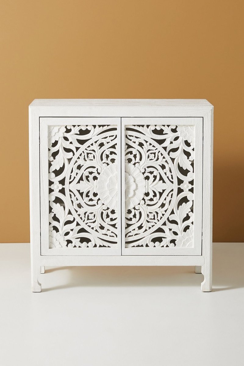 Hand Carved White Lombok Entryway Cabinet - Handmade Wooden Storage Unit with 3 Shelves | Solid Teak Wood Hallway Organizer for Shoes, Keys & Decor | Perfect for Entryway, Foyer & Living Room Storage