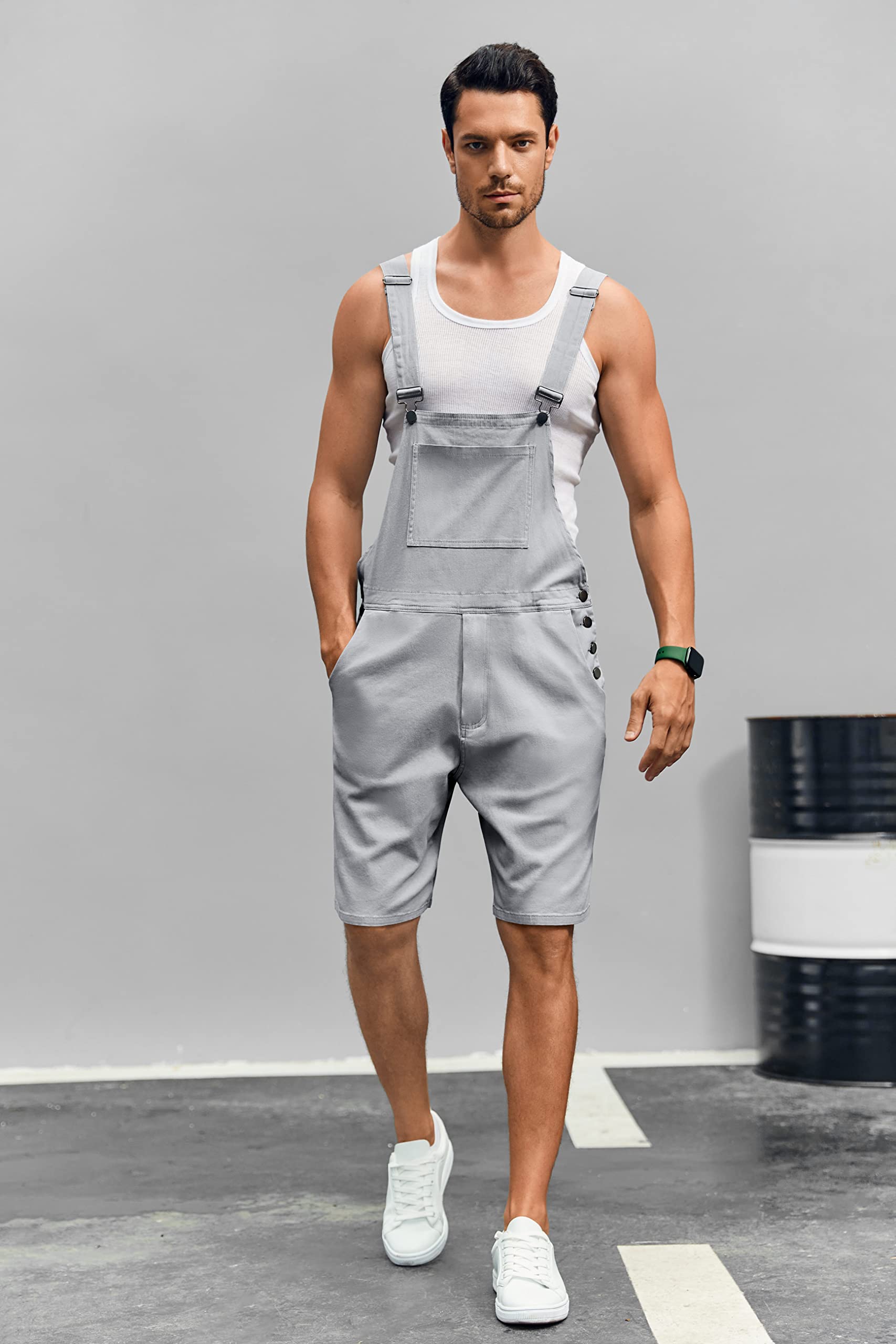 Runcati Men's Casual Bib Overalls - Lightweight Cotton Denim Jumpsuit with Pockets | Loose Fit Shorts for Walking, Hiking & Outdoor Activities