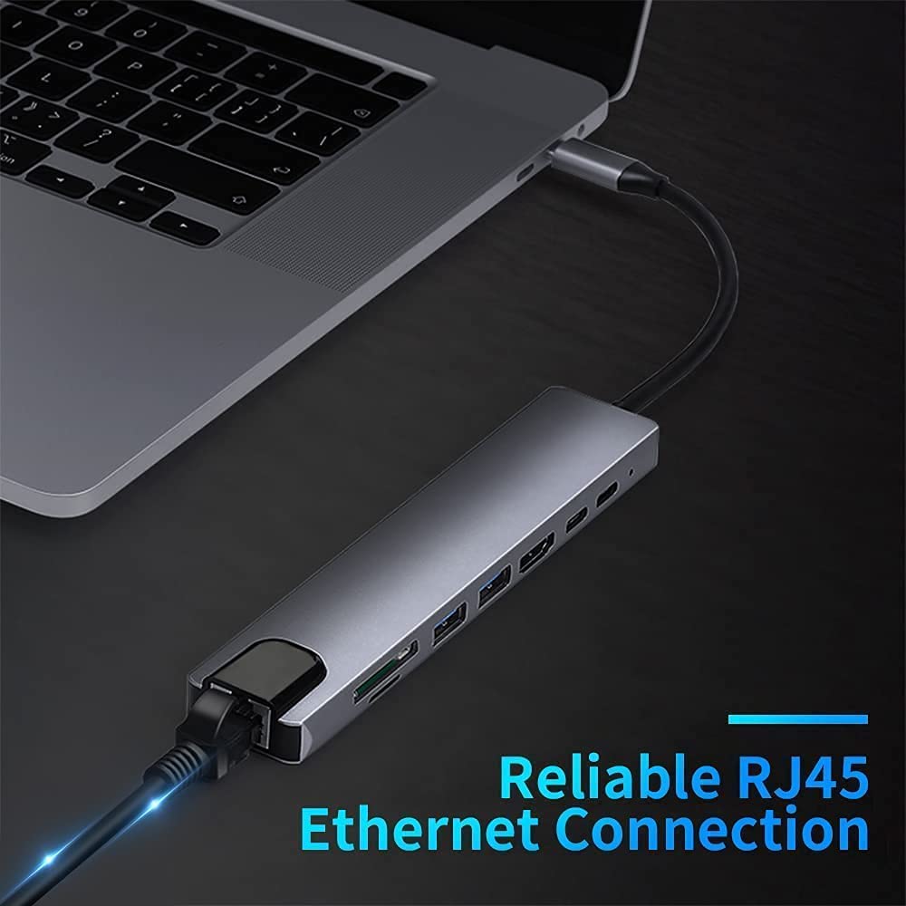 8-in-1 USB C Hub Adapter with 4K HDMI, Ethernet RJ45, 100W PD Charging, SD/TF Card Reader, USB 3.0/2.0 Ports - Compatible with MacBook Air/Pro, iPhone 15 Plus/Pro/Max, Nintendo Switch - Perfect for Home Office, Gaming & Travel