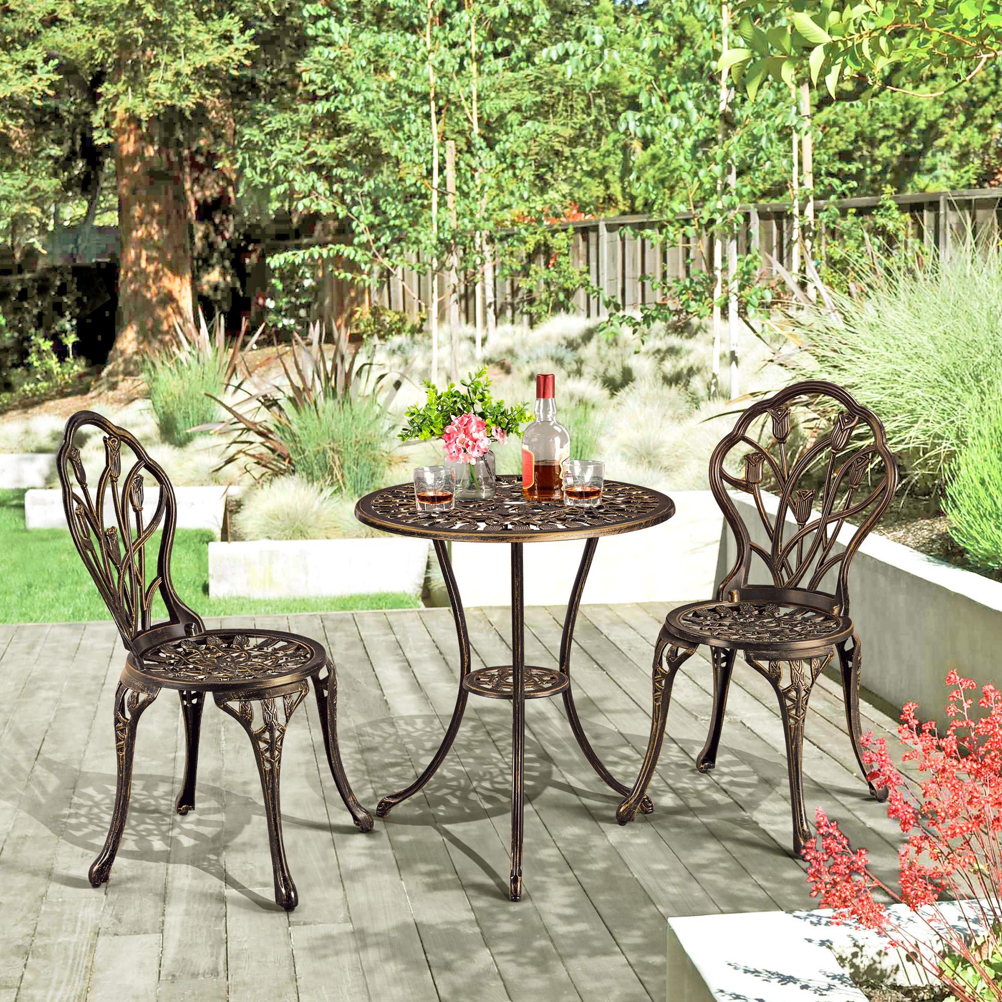 Topeakmart 3-Piece Outdoor Bistro Set - Lightweight Aluminum Patio Dining Table with 2 Chairs & Umbrella Hole - Bronze Garden Furniture for Balcony, Yard, Deck or Poolside Relaxation
