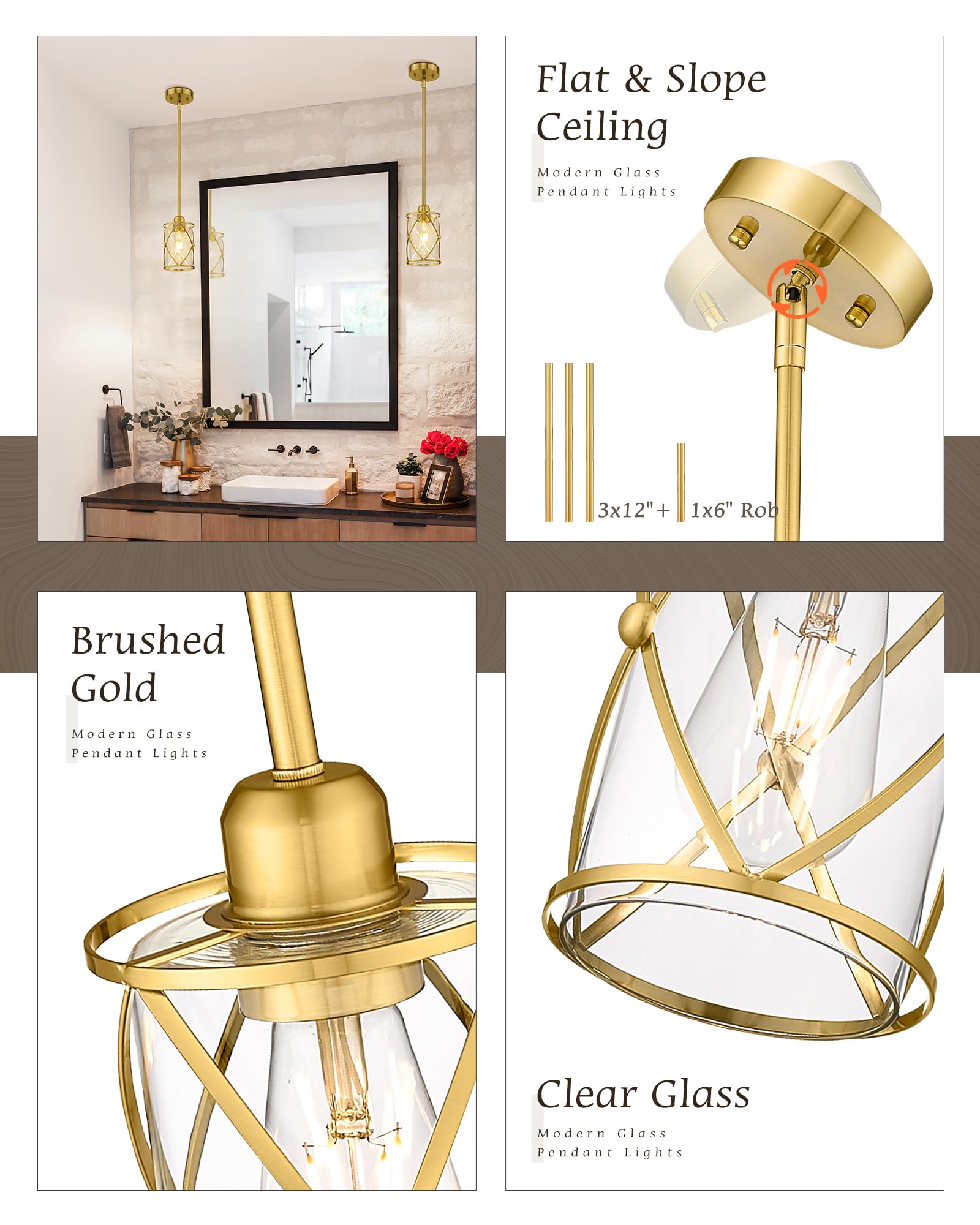 Brushed Gold Pendant Lights for Kitchen Island - 2 Pack Farmhouse Brass Glass Cage Hanging Light Fixture with Rod - Perfect for Kitchen, Dining Room, Bathroom, and Sink Areas - CH9176BG-2PKG