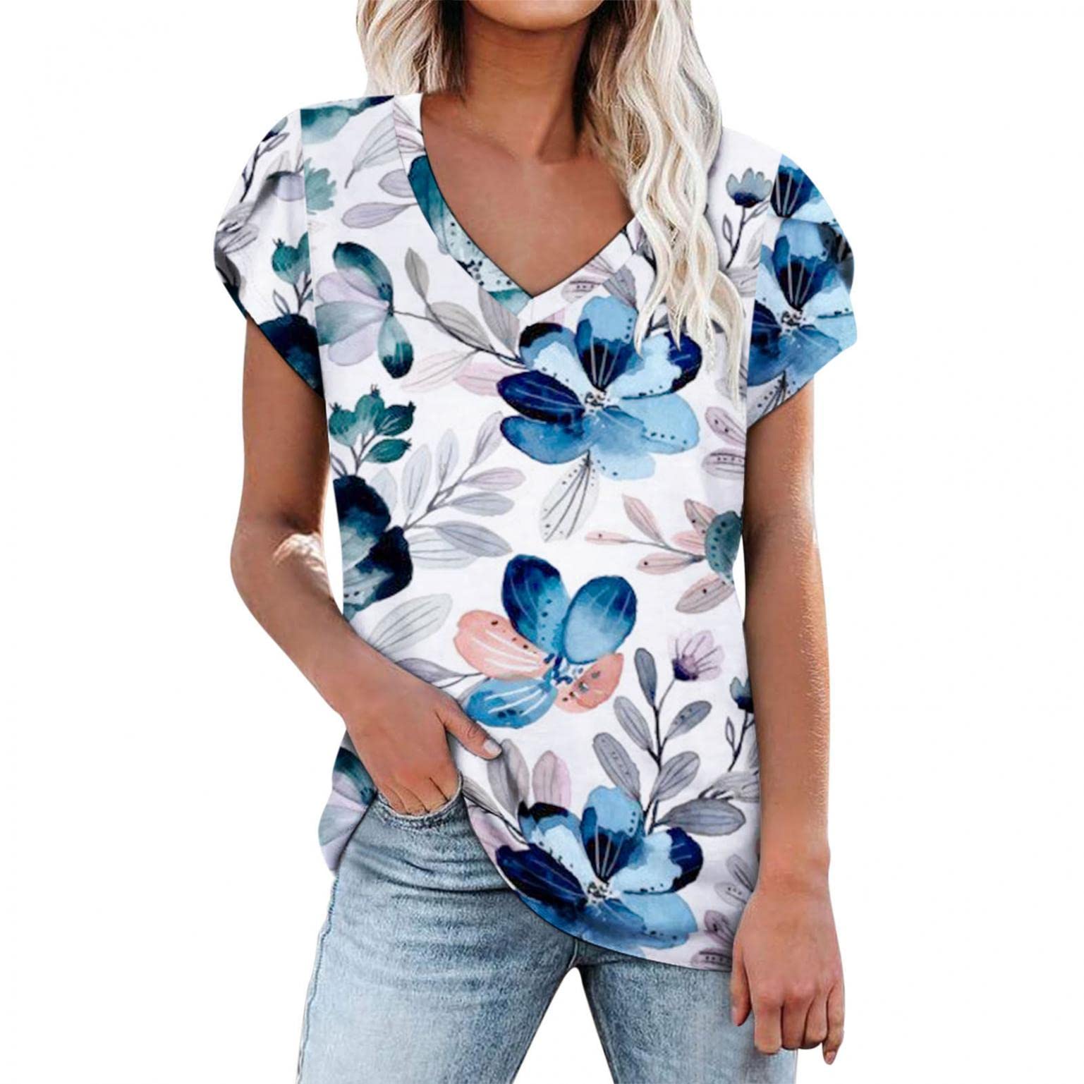 Women's Summer Tops - Floral Sleeve V-Neck Casual T-Shirts & Tank Tops | Breathable Basic Tees for Outdoor, Beach & Daily Wear