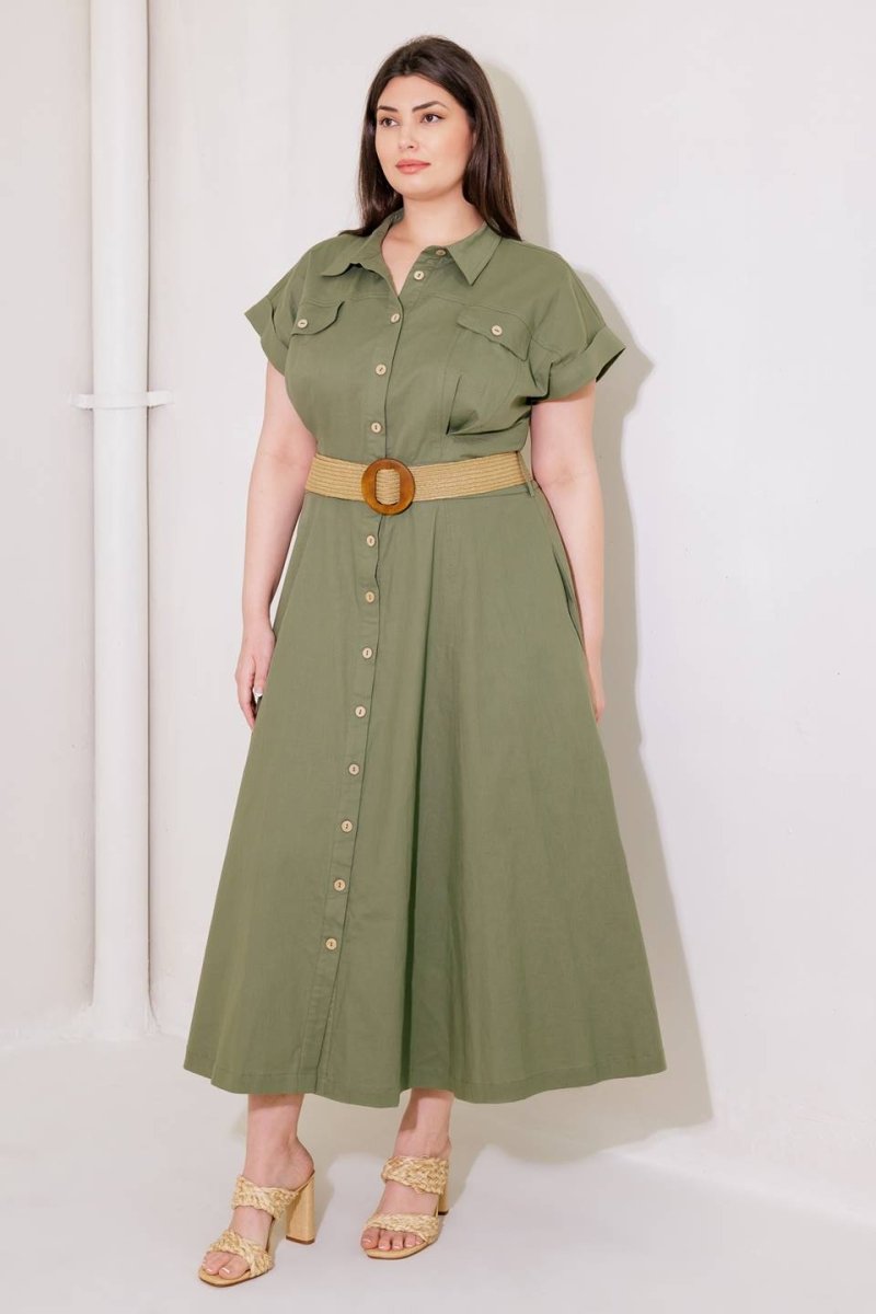 BUILD MY EMPIRE Olive Green Woven Midi Dress for Women - Elegant Casual Summer Dress for Office, Party & Vacation
