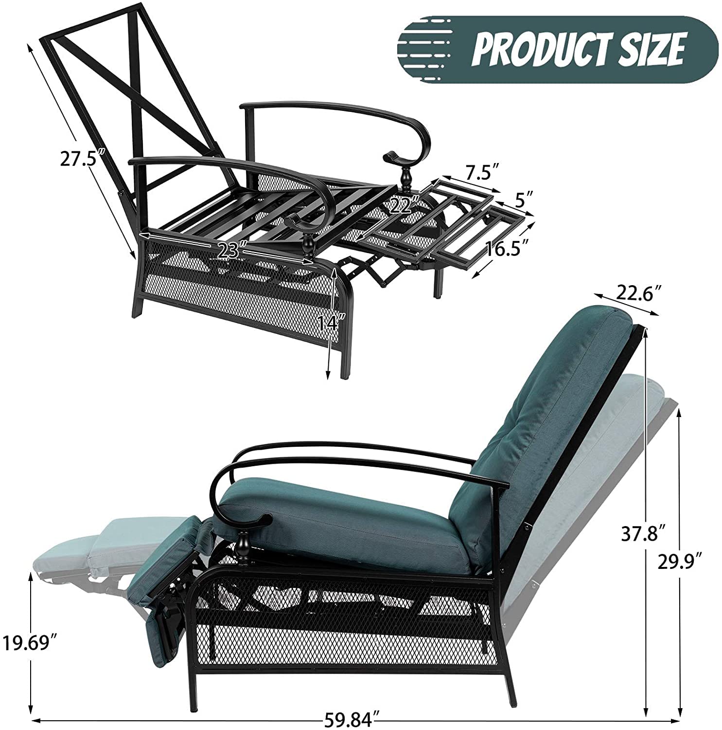 Crownland 2-Piece Outdoor Lounge Chair Set with Adjustable Reclining Patio Chairs & Umbrella Bistro Table - Durable Metal Furniture for Backyard, Poolside, Garden Relaxation