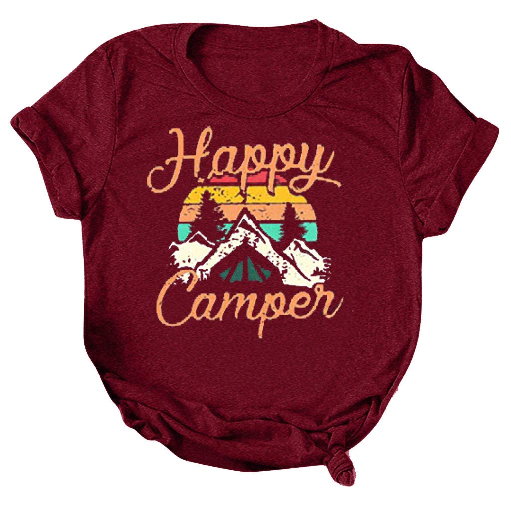 Funny Vintage Happy Camper Graphic T-Shirts for Women - Casual Round Neck Short Sleeve Tees - Perfect for Camping, Outdoor Adventures & Everyday Wear