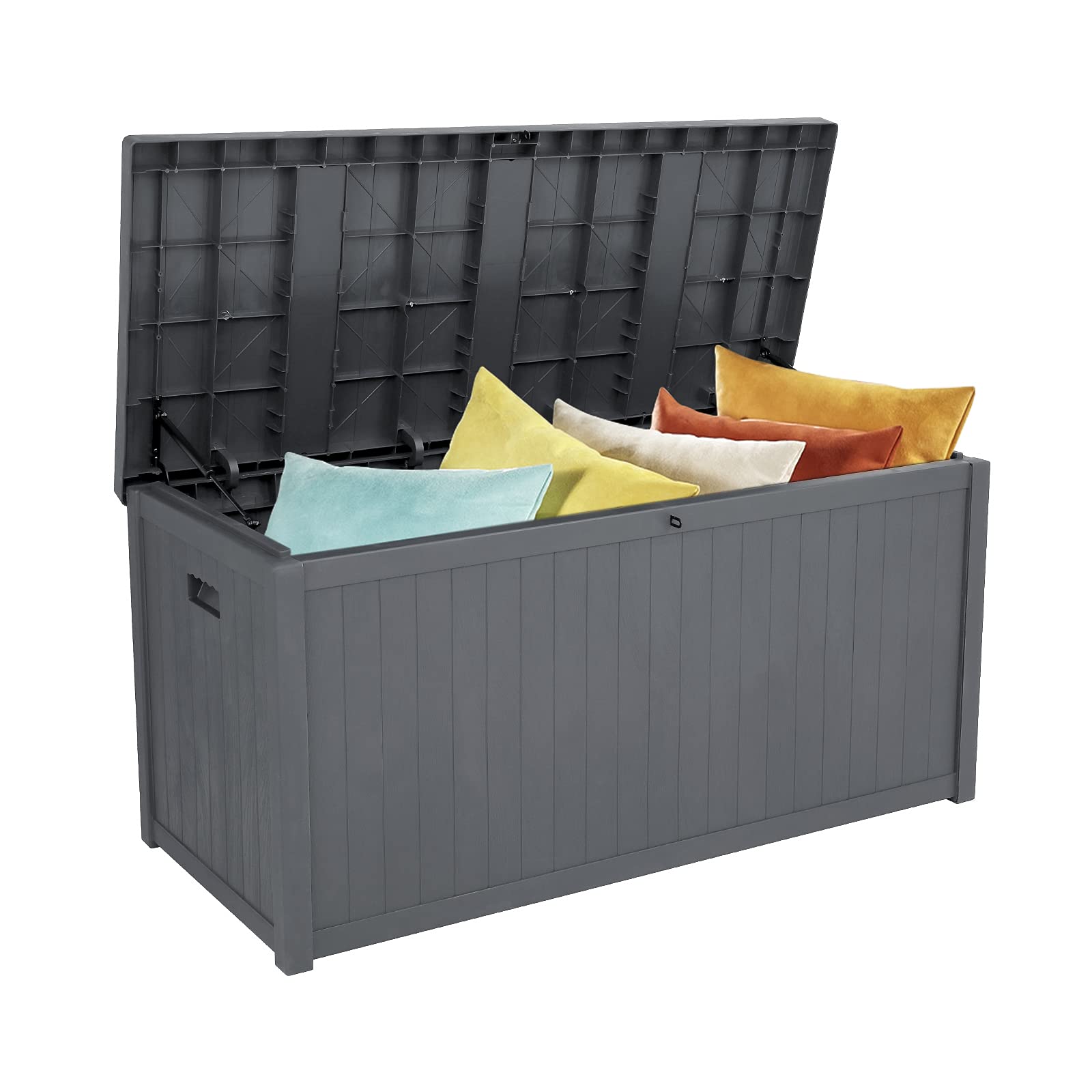 113 Gallon Resin Deck Storage Box with Lockable Lid - Waterproof Outdoor Storage Bin for Patio Cushions, Pool Toys & Garden Tools - Durable Wooden Exterior Design - Perfect for Backyard, Poolside & Garage Organization (Gray)