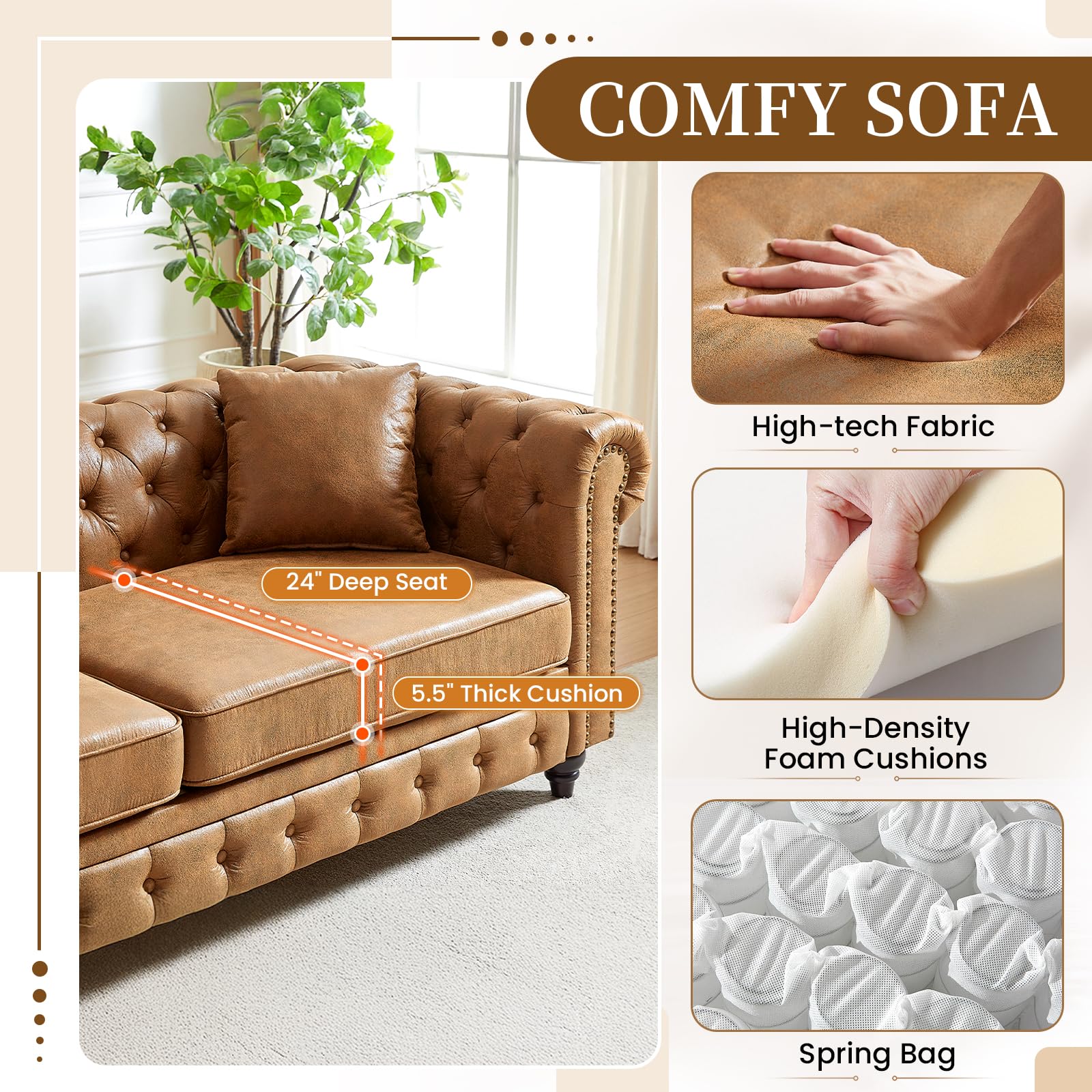2-Piece Mid Century Modern Sofa Set - Button Tufted Chesterfield Couch & Loveseat with Nailhead Trim & Rolled Armrests, Brown Upholstered Living Room Furniture for Home, Office & Lounge (3-Seater + Loveseat) - Perfect for Small Spaces, Apartments & Cozy Family Gatherings
