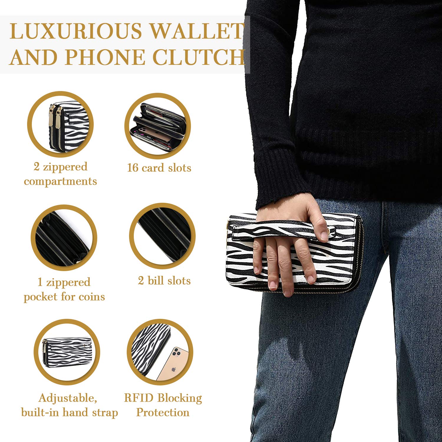 Daisy Rose Women's RFID Blocking PU Vegan Leather Phone Clutch Wallet with Dual Zipper - Multi-Card Organizer for Credit Cards & Cash - Perfect for Travel, Shopping, and Everyday Use