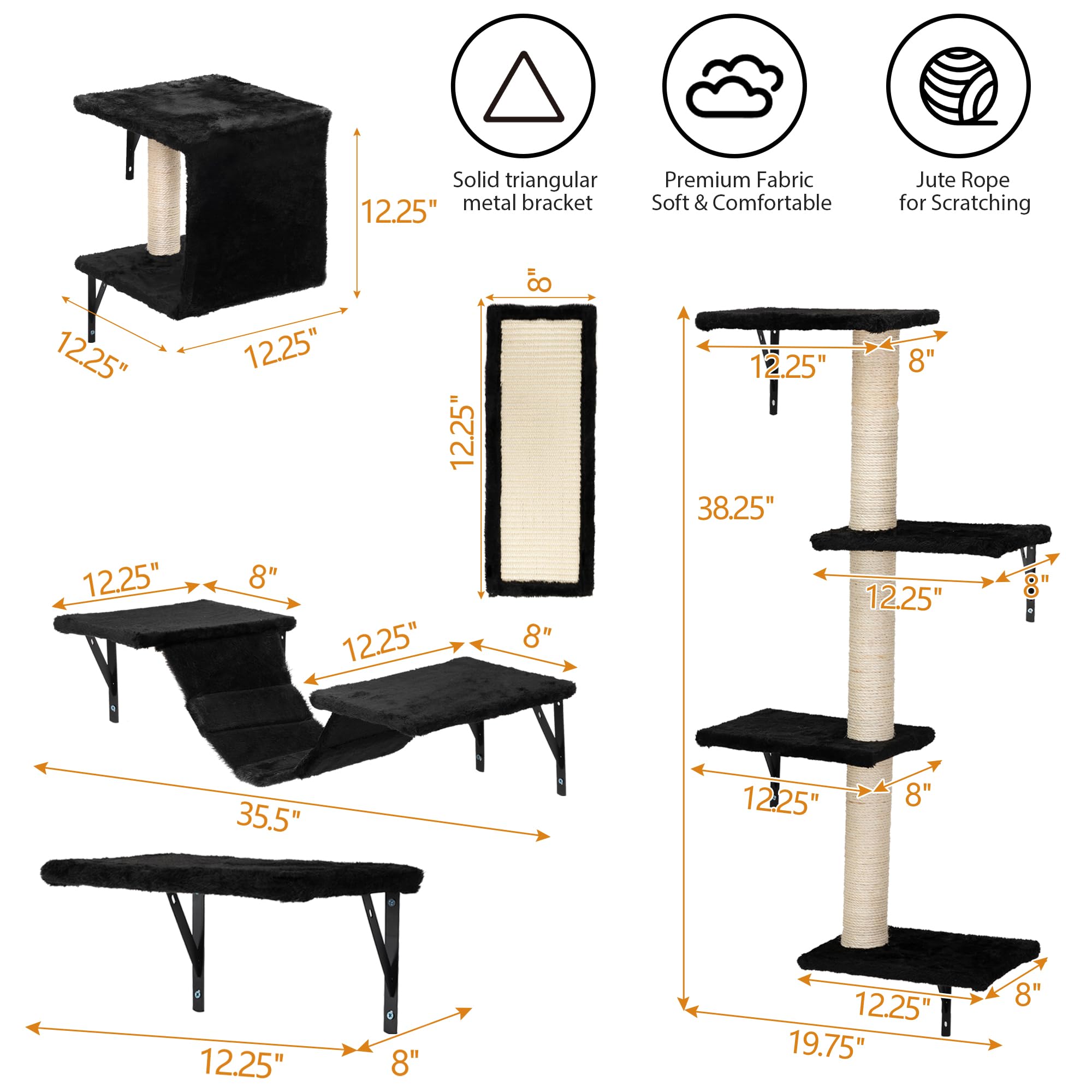 COZIWOW 5-Piece Cat Wall Shelves & Perches Set - Modern Cat Climbing Furniture with Scratching Post, Hanging Bed, House, Steps & Tree for Large/Small Cats (Black) - Perfect for Indoor Cat Play & Relaxation Spaces