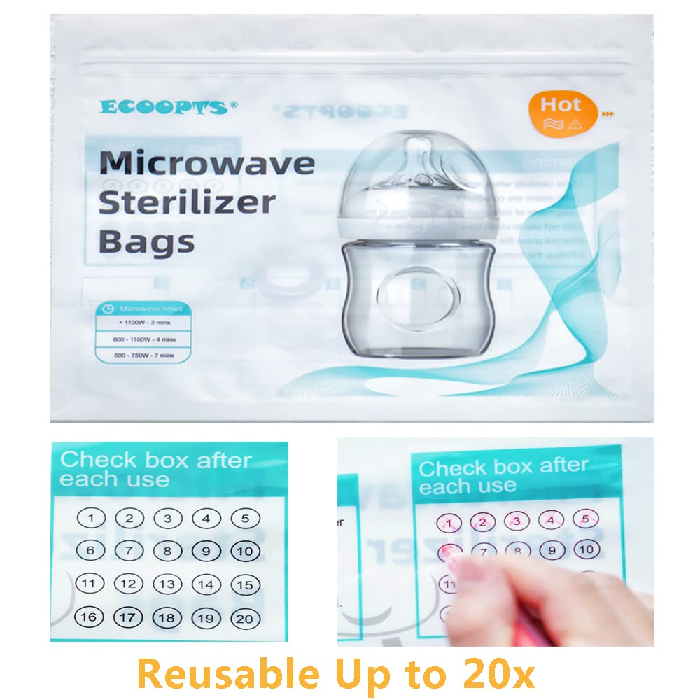 ECOOPTS 12-Pack Reusable Microwave Steam Sterilizer Bags for Baby Bottles & Breast Pump Parts | Quick Sanitizing Solution for Busy Parents | Perfect for Daycare, Travel & Home Use