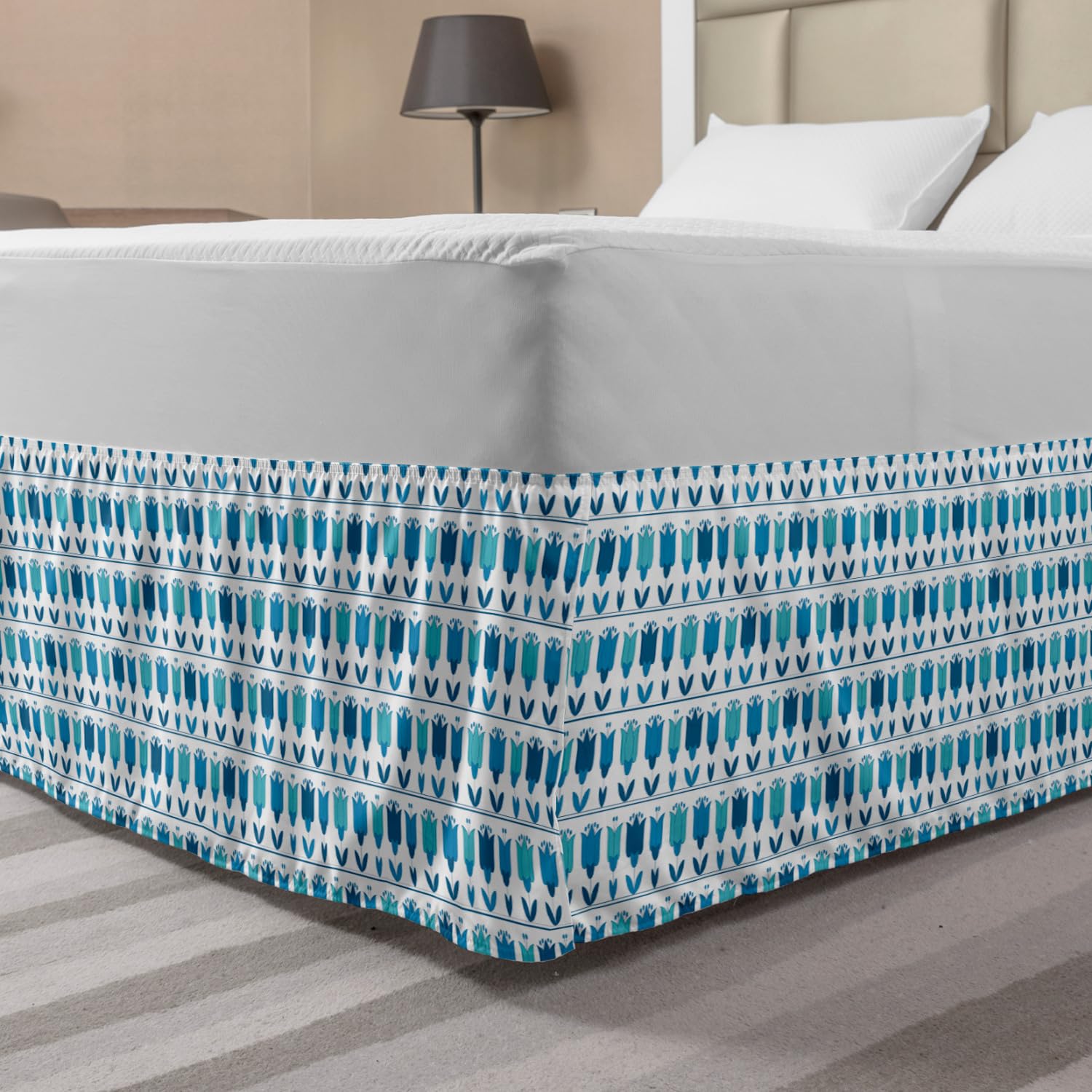 Ambesonne Floral Bed Skirt - Holland Tulips Horizontal Folk Pattern King Size, Wrap Around Elastic Gathered Design in Sea Blue Multicolor | Perfect for Bedroom Decor & Guest Room Styling
