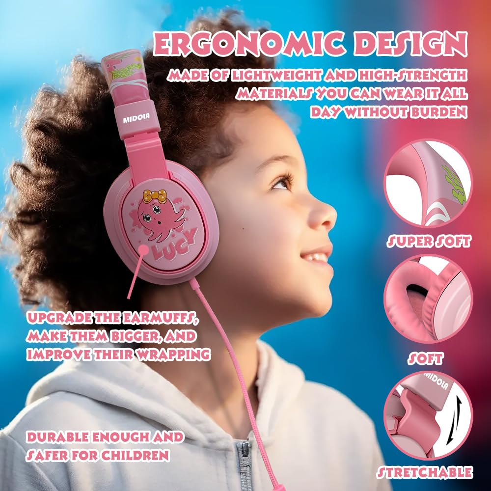 MIDOLA Kids Headphones with Volume Limiter (85/110dB) - Foldable Over-Ear Headset with Built-in Mic & 3.5mm AUX Cord - Safe for Children's Ears - Perfect for School, Travel, Tablet, Laptop & Online Learning (Cartoon Pink)