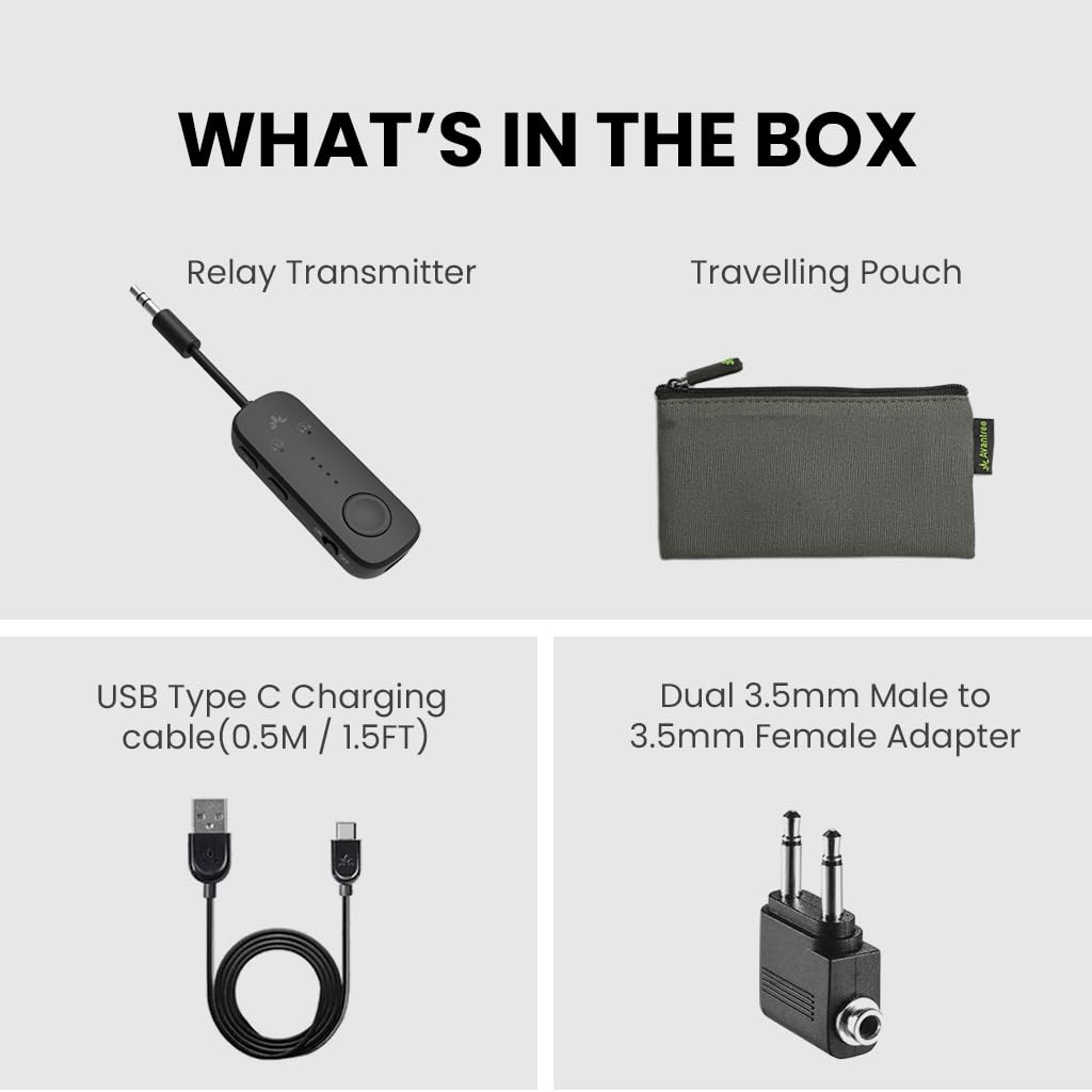 Avantree Relay - Premium Bluetooth 5.3 Airplane Audio Adapter, Wireless Transmitter for Dual AirPods/Headphones with aptX Adaptive & 3.5mm AUX - Perfect for In-Flight Entertainment, Travel, TV & Home Audio Systems