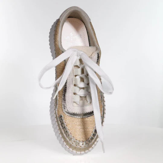 Minx Titch Woven Gold Metallic Combo Leather & Textile Casual Sneakers for Women - Stylish Comfortable Walking Shoes for Everyday Wear, Work & Travel