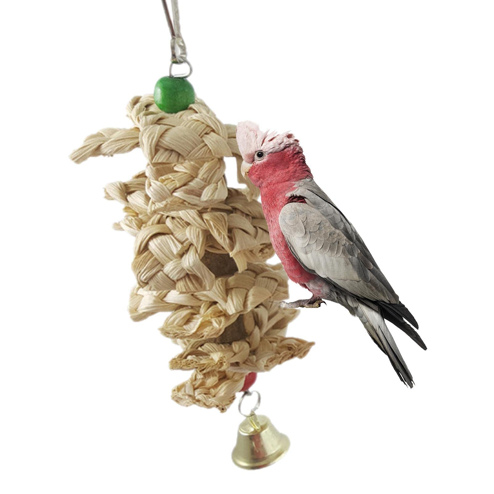 Natural Woven Grass Bird Chewing Toys with Bell - Safe Parrot Chew Toys for Parakeets & Cockatiels | Cage Hanging Perch Stand & Grinding Stone for Beak Care | Perfect for Playtime & Stress Relief in Bird Cages