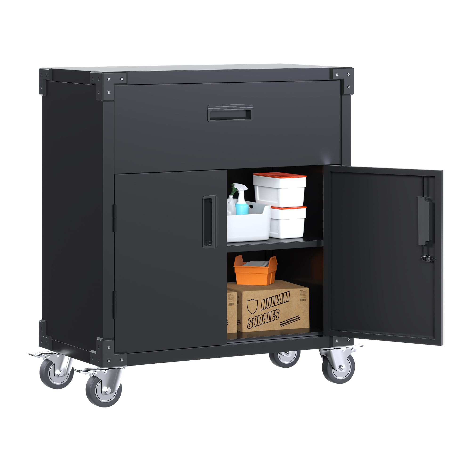 Heavy Duty Metal Garage Storage Cabinet with Wheels - 2 Door & 1 Drawer Mobile Steel Cabinet for Garage Organization, Home, Office or Utility Room - Easy Assembly Black (Perfect for Tools, Cleaning Supplies & Workshop Storage)