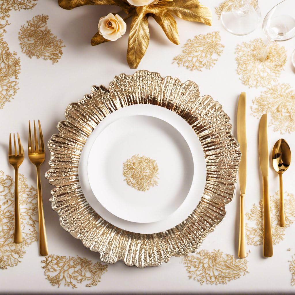 Evershine 12-Pack 13 Inch Gold Plastic Charger Plates with Floral Reef Design - Elegant Dinner Plates for Wedding, Party & Table Setting Decor - Perfect for Formal Dining, Buffets & Special Events
