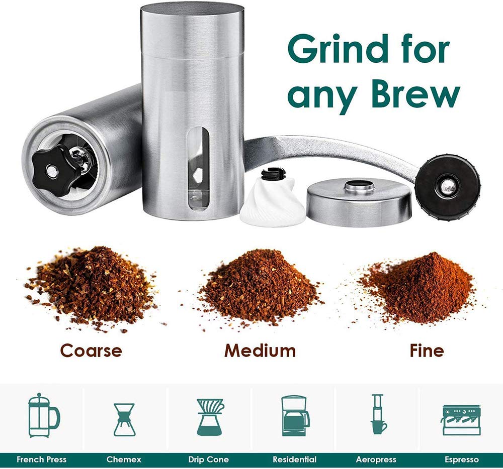 Premium Manual Coffee Grinder - Adjustable Ceramic Burr Mill for Espresso, French Press & Drip Coffee | Portable Hand Crank Coffee Bean Grinder with Stainless Steel Body | Perfect for Home, Camping & Travel Brewing