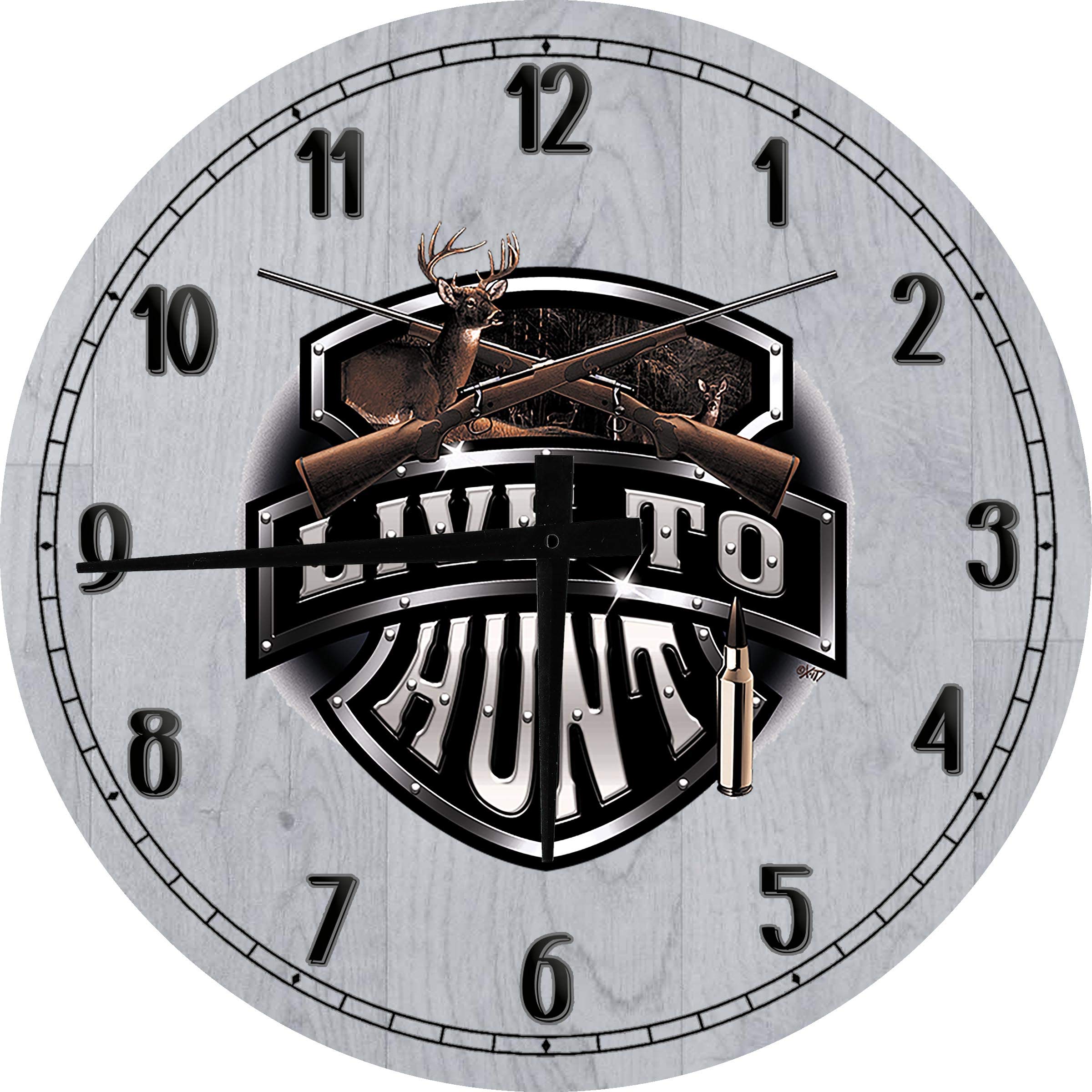 24 Inch Gray Deer Wall Art Clock - Big Buck Hunting Cross Shotguns Wildlife Nature Decor, Battery Operated Round Wall Clock for Living Room, Cabin, or Man Cave
