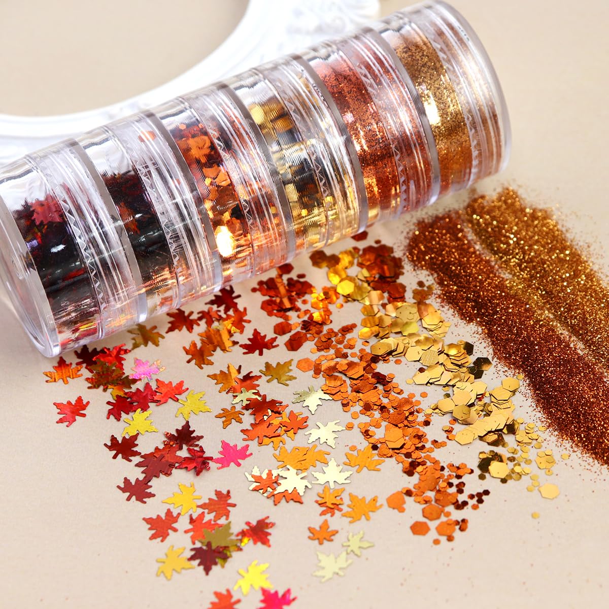 6 Bottles Fall Maple Leaf Nail Glitter Powder - Gold Shiny Nail Art Flakes & Sequins for Acrylic Nails | DIY Autumn Nail Decorations for Women | Perfect for Halloween, Thanksgiving & Fall Party Nail Art