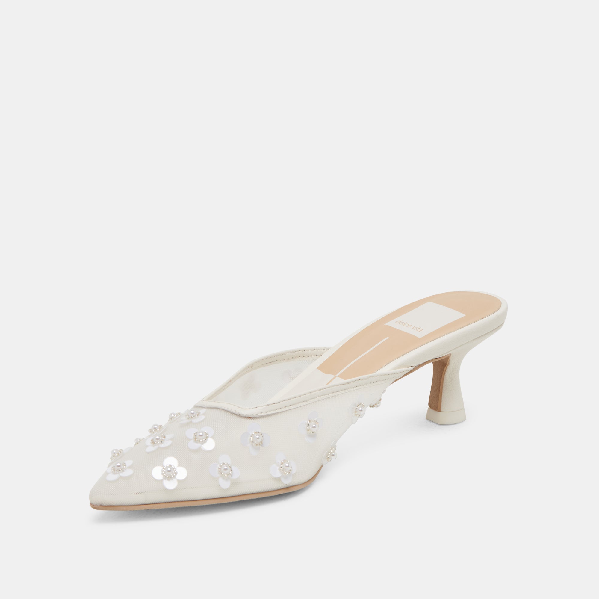 CLARA PEARL HEELS - Women's White Daisy Mesh High Heels for Party, Wedding & Evening Wear - Comfortable Dress Shoes for Special Occasions